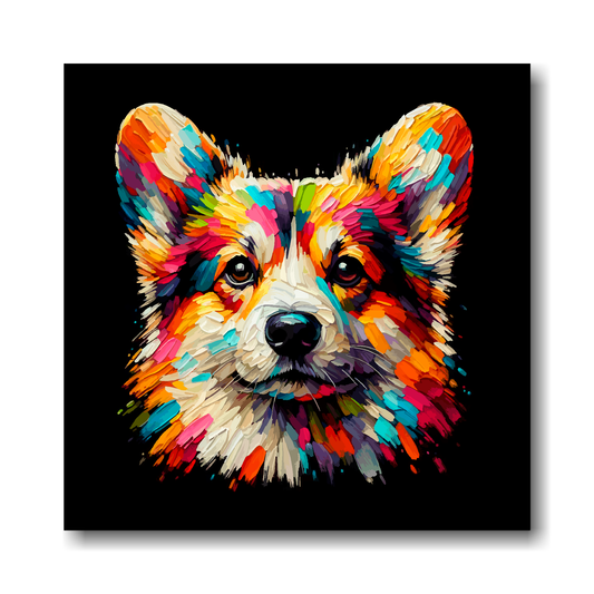 Colourful abstract painting of a Pembroke Welsh Corgi dog's face on a black background.