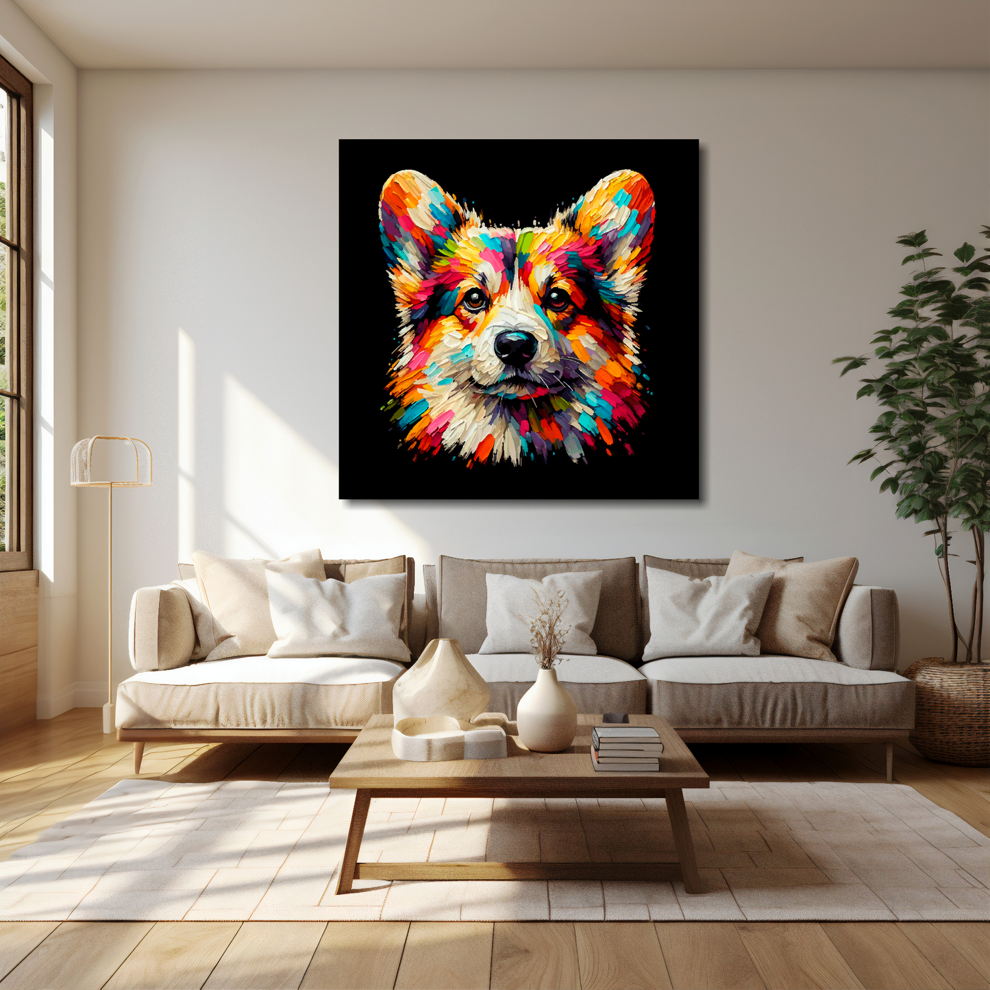 40 inch by 40 inch square canvas featuring a multi-coloured Pembroke Welsh Corgi dog portrait. Mounted on a cream wall above a cream sofa with decorative pillows.