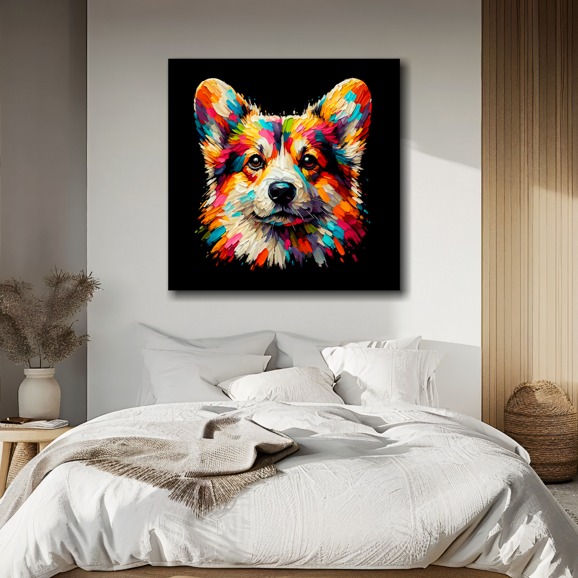 Big square canvas featuring a multi-coloured Pembroke Welsh Corgi dog portrait. Mounted on a white wall above a double bed.