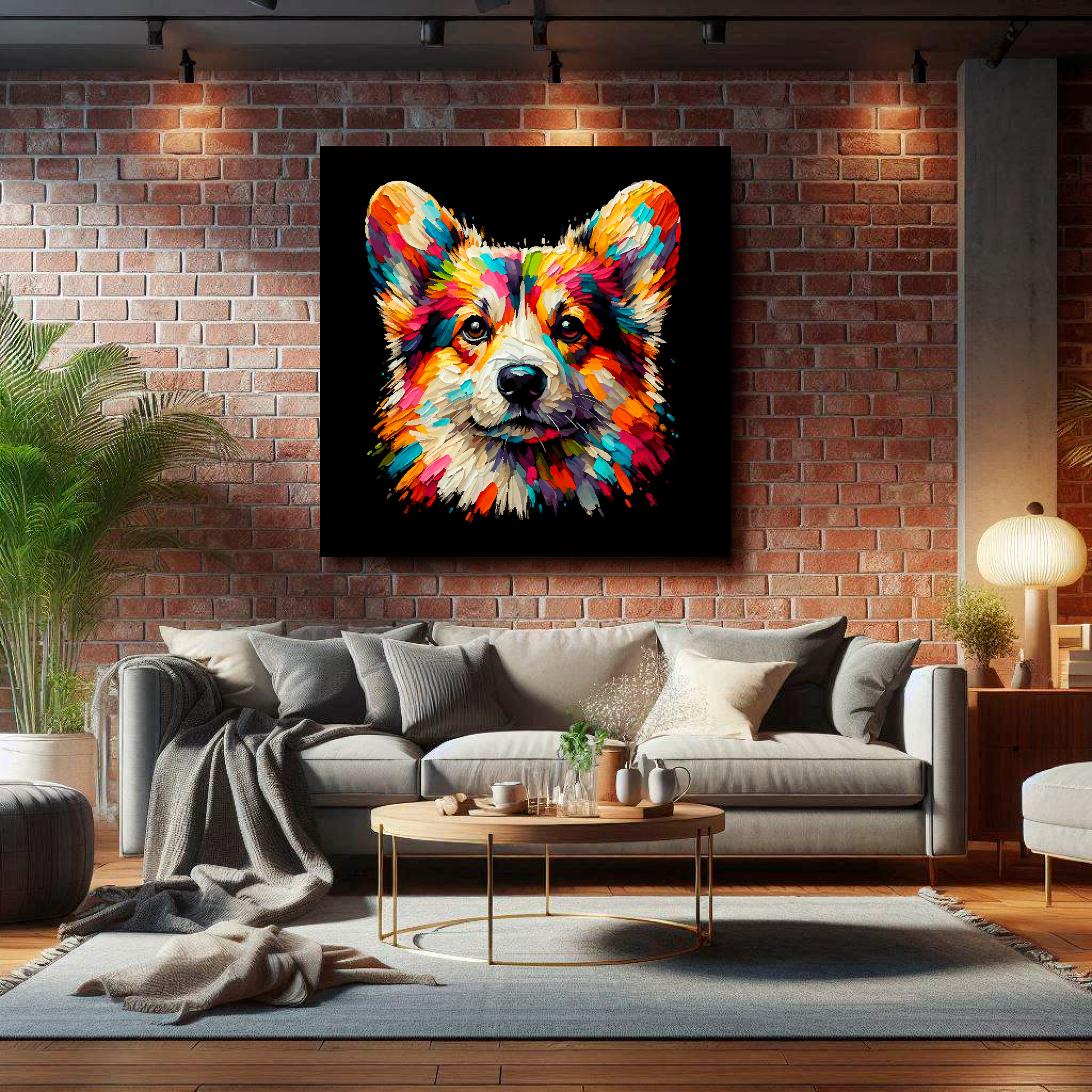 XL canvas featuring a multi-coloured Pembroke Welsh Corgi dog portrait. Mounted on a brick wall above a grey sofa with decorative pillows.
