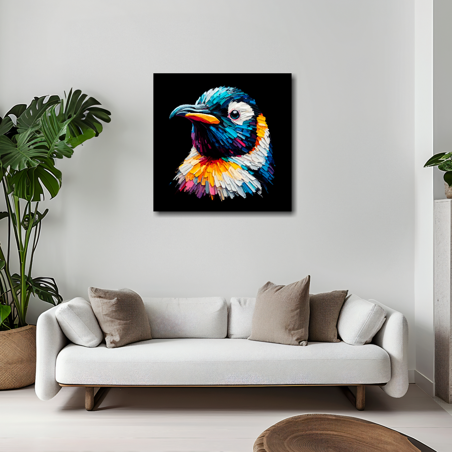 20 inch by 20 inch square canvas of a colourful Penguin portrait on a black background. Mounted on a white wall above a white sofa with decorative pillows.