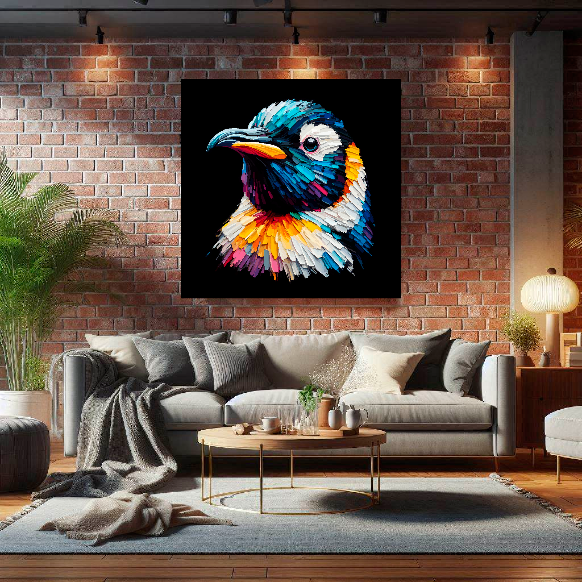 Large canvas wall art - A vibrant multi-coloured head portrait of a Penguin. Available in 3 large sizes.
