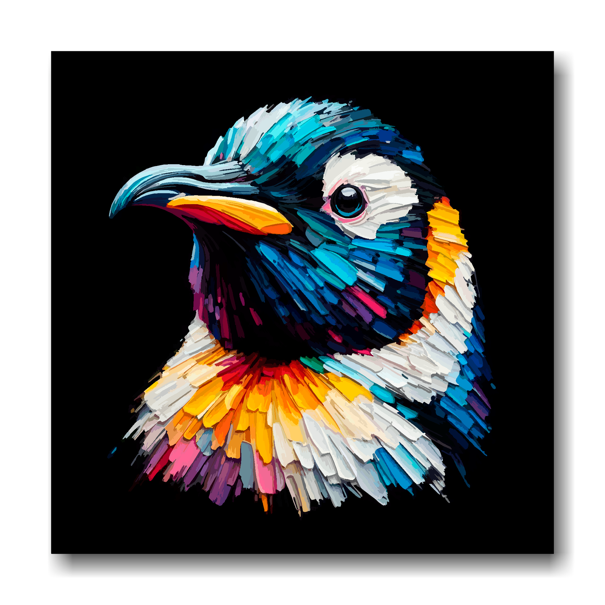 Large canvas wall art - A vibrant multi-coloured head portrait of a Penguin. Available in 3 large sizes.