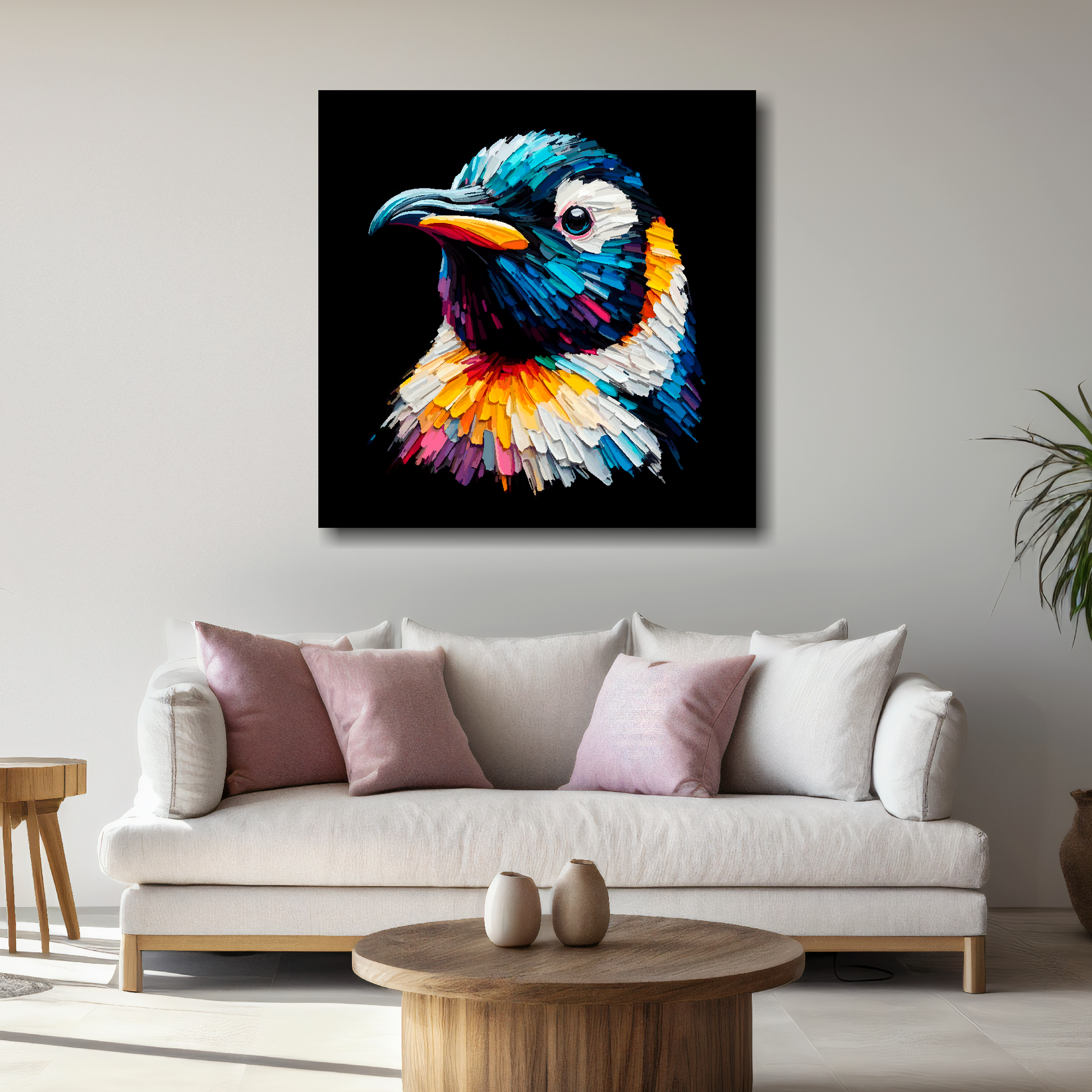 Large canvas wall art - A vibrant multi-coloured head portrait of a Penguin. Available in 3 large sizes.