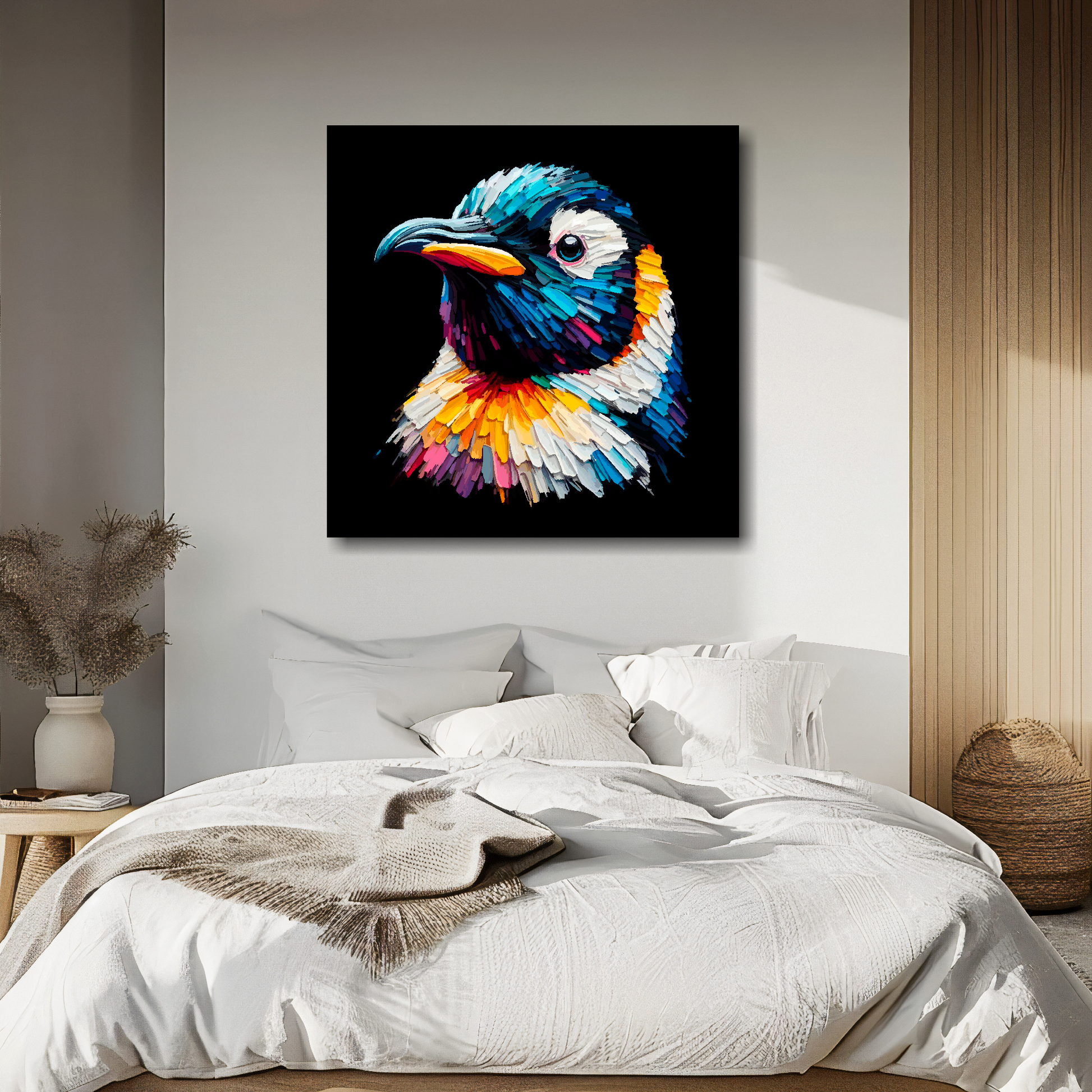 Large canvas wall art - A vibrant multi-coloured head portrait of a Penguin. Available in 3 large sizes.