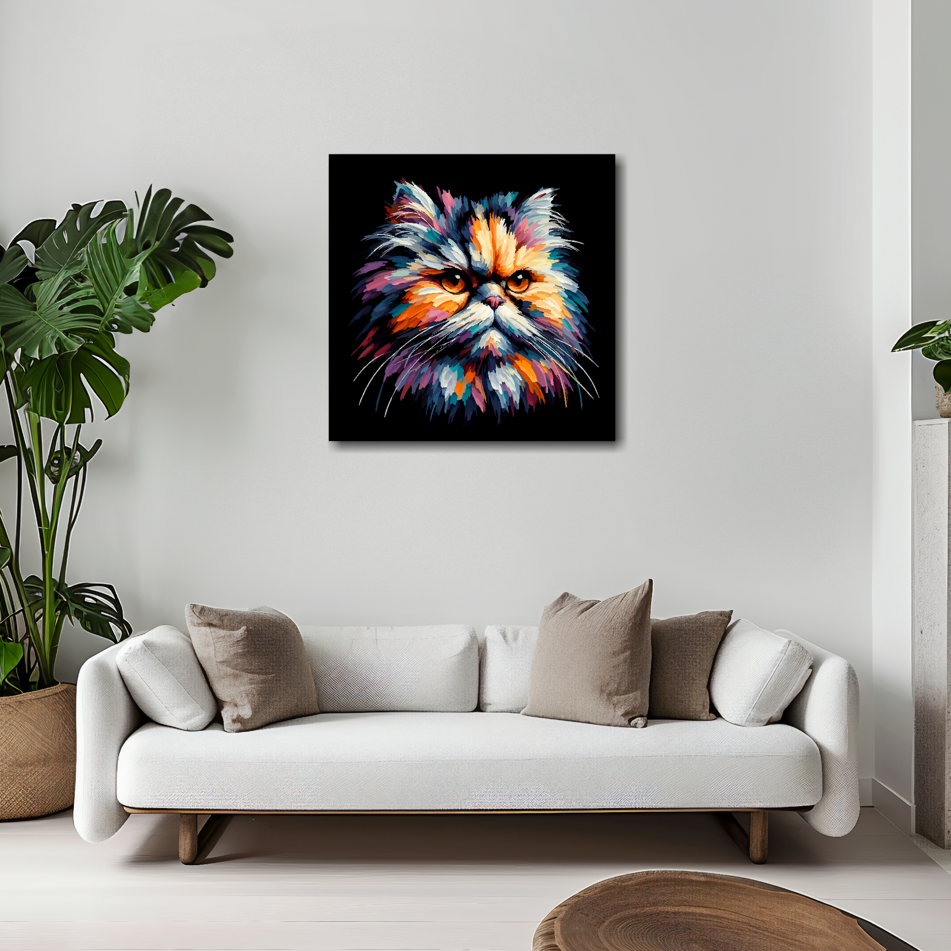 20 inch by 20 inch square canvas of a colourful Persian cat head portrait on a black background. Mounted on a white wall above a white sofa with decorative pillows.