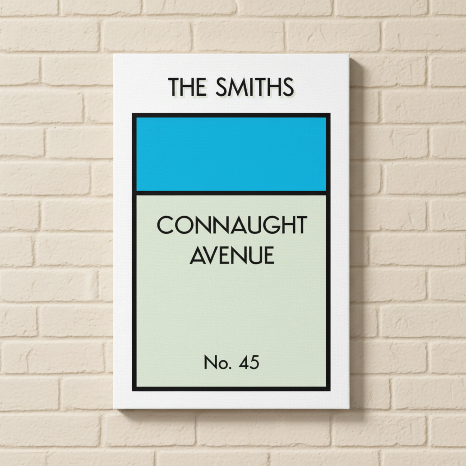 Personalised Monopoly canvas print light blue - custom street name and house number wall art UK