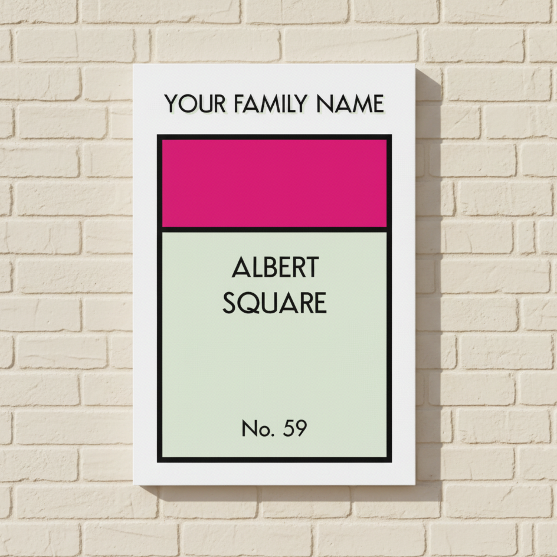 Personalised Monopoly canvas print magenta - custom house number and name wall art UK