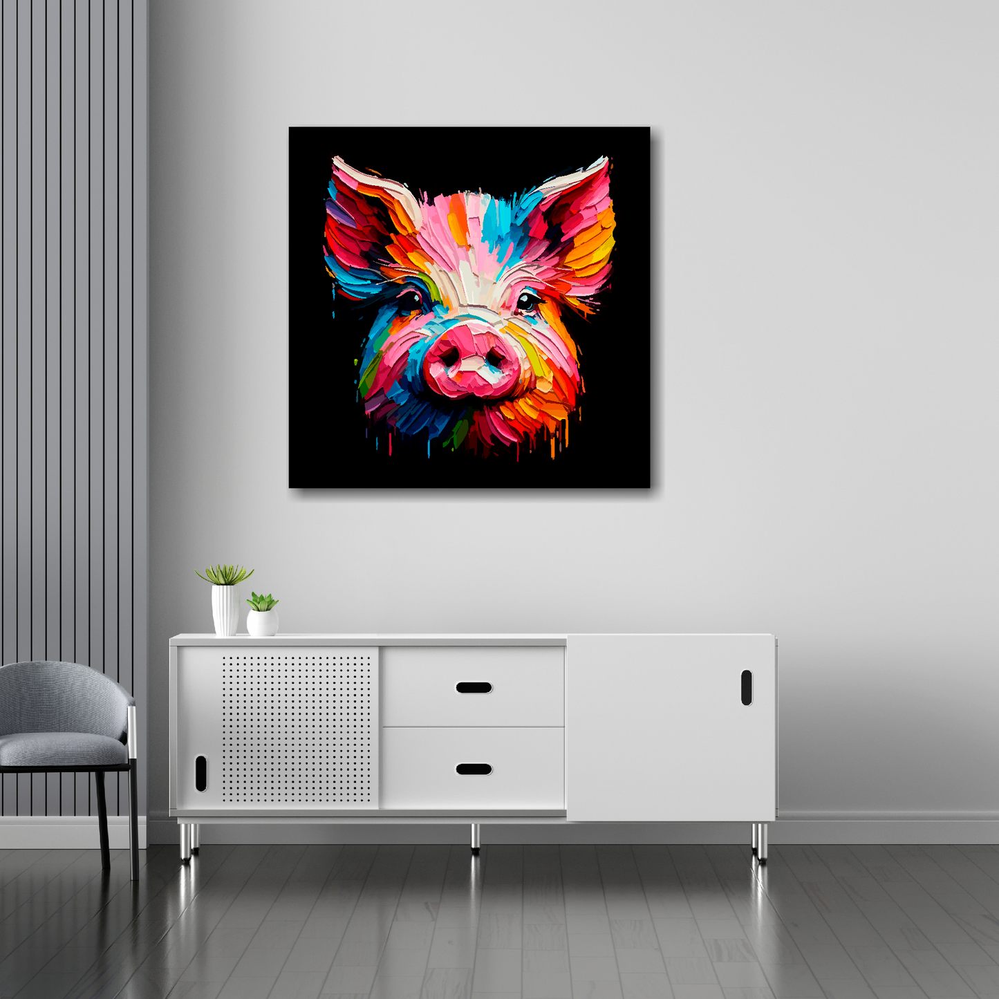 30 inch by 30 inch square canvas of a colouful Pig head portrait on a black background. Mounted on a white wall above a white sideboard.
