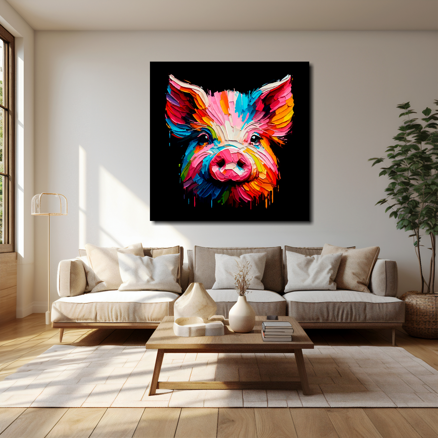 40 inch by 40 inch square canvas of a colouful Pig head portrait on a black background. Mounted on a white wall above a cream sofa with decorative pillows.