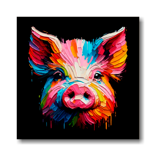 Large canvas print of a vibrant, multi-coloured pig portrait on a black background, available in 3 sizes. 