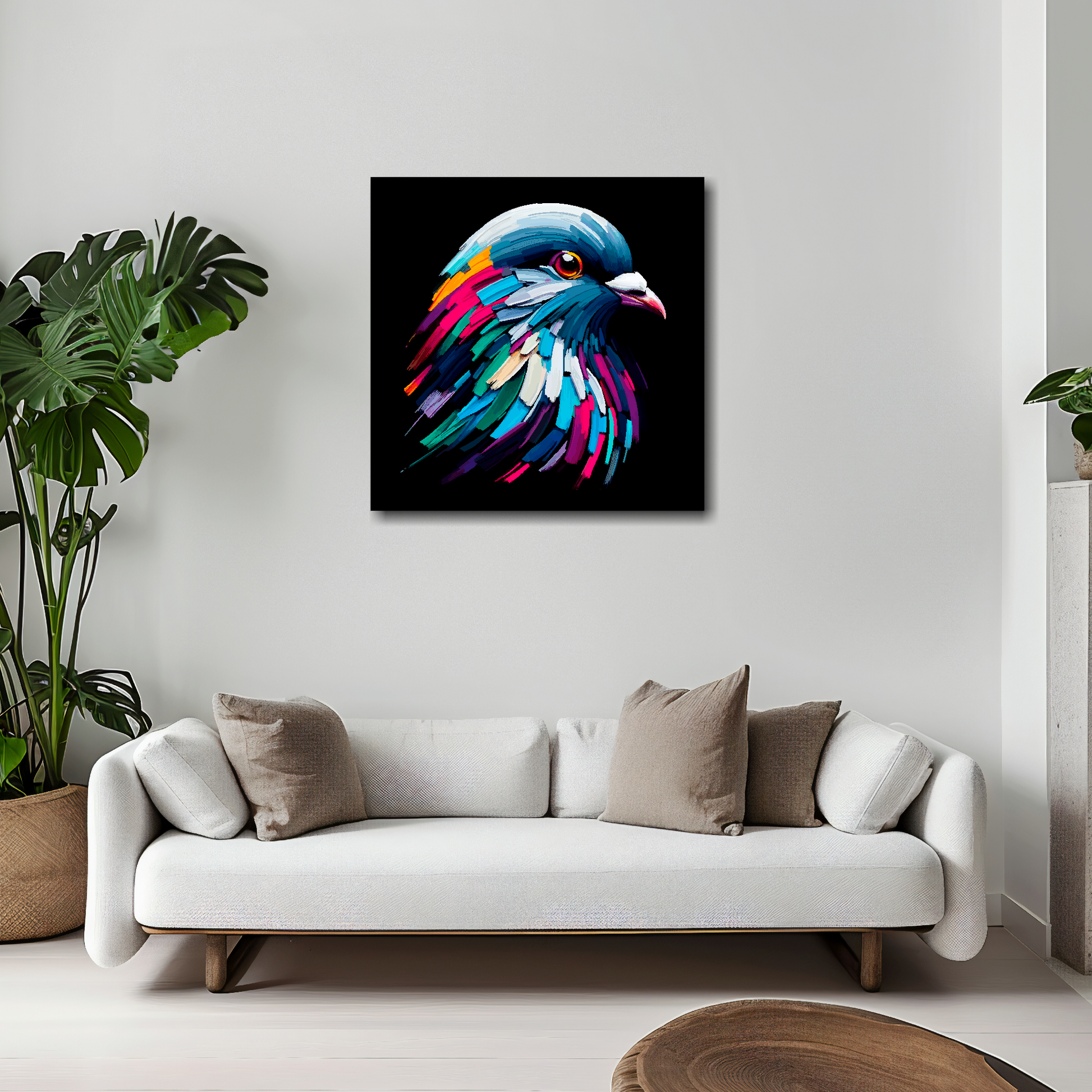 20 inch by 20 inch square canvas of a colourful Pigeon portrait on a black background. Mounted on a white wall above a white sofa with decorative pillows.