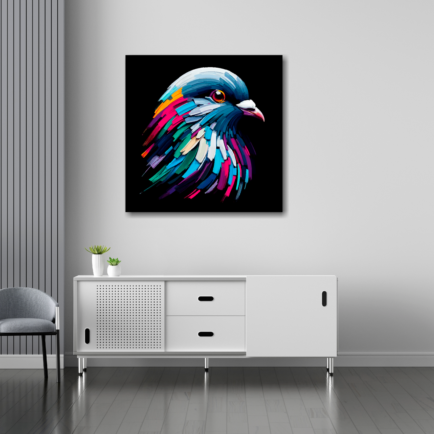 30 inch by 30 inch square canvas of a colourful Pigeon portrait on a black background. Mounted on a white wall above a white sideboard.