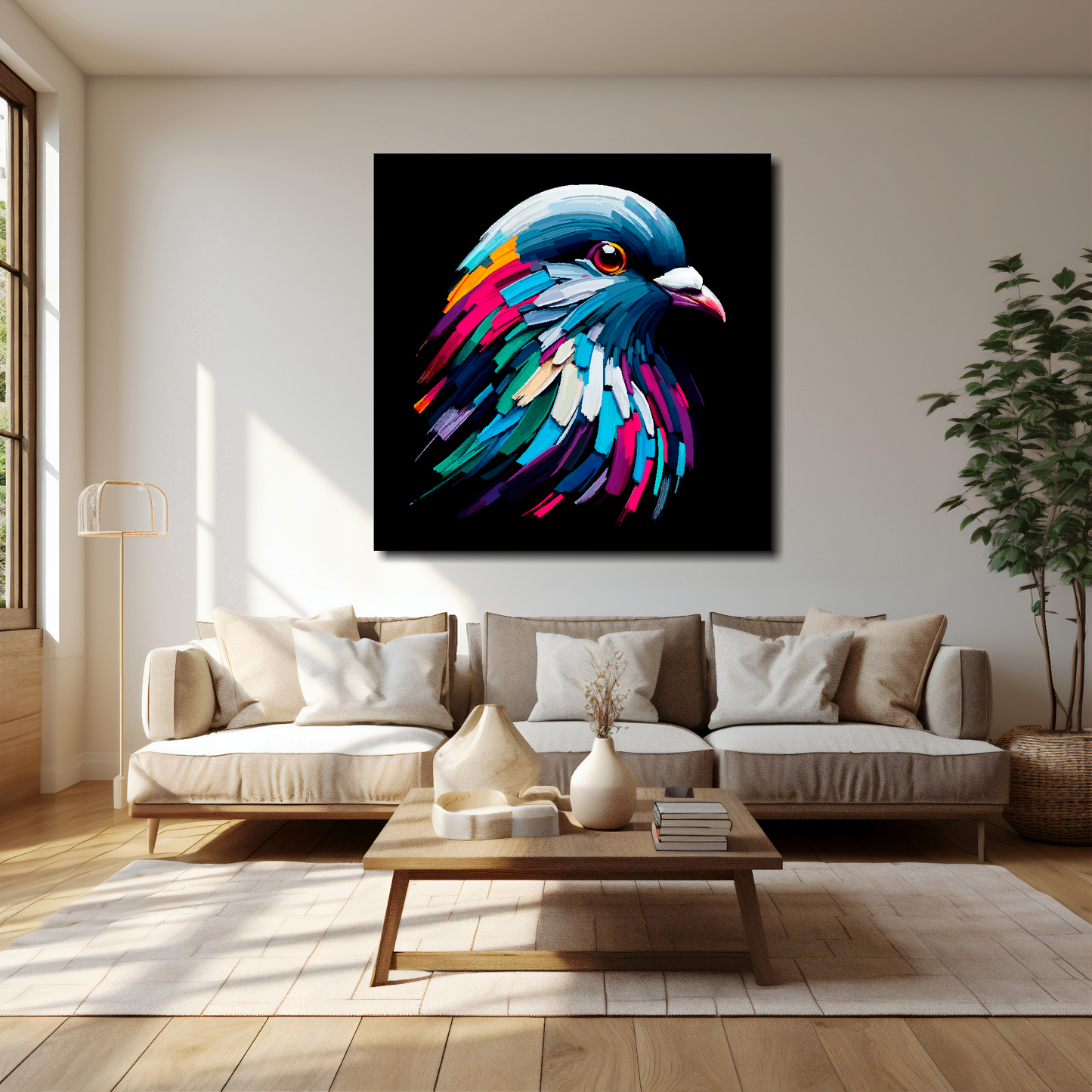 40 inch by 40 inch square canvas of a colourful Pigeon portrait on a black background. Mounted on a white wall above a cream sofa with decorative pillows.