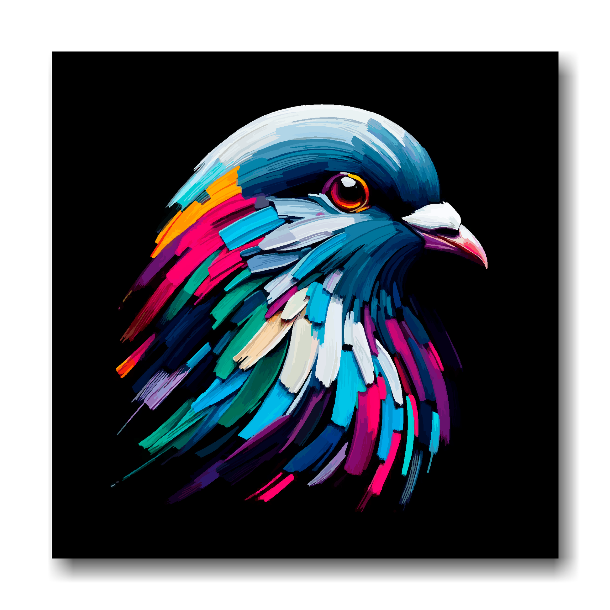 Large canvas wall art - A vibrant multi-coloured head portrait of a Pigeon. Available in 3 large sizes.