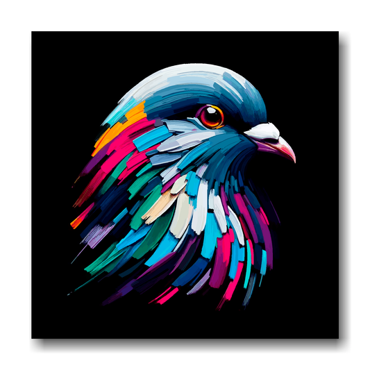 Large canvas wall art - A vibrant multi-coloured head portrait of a Pigeon. Available in 3 large sizes.