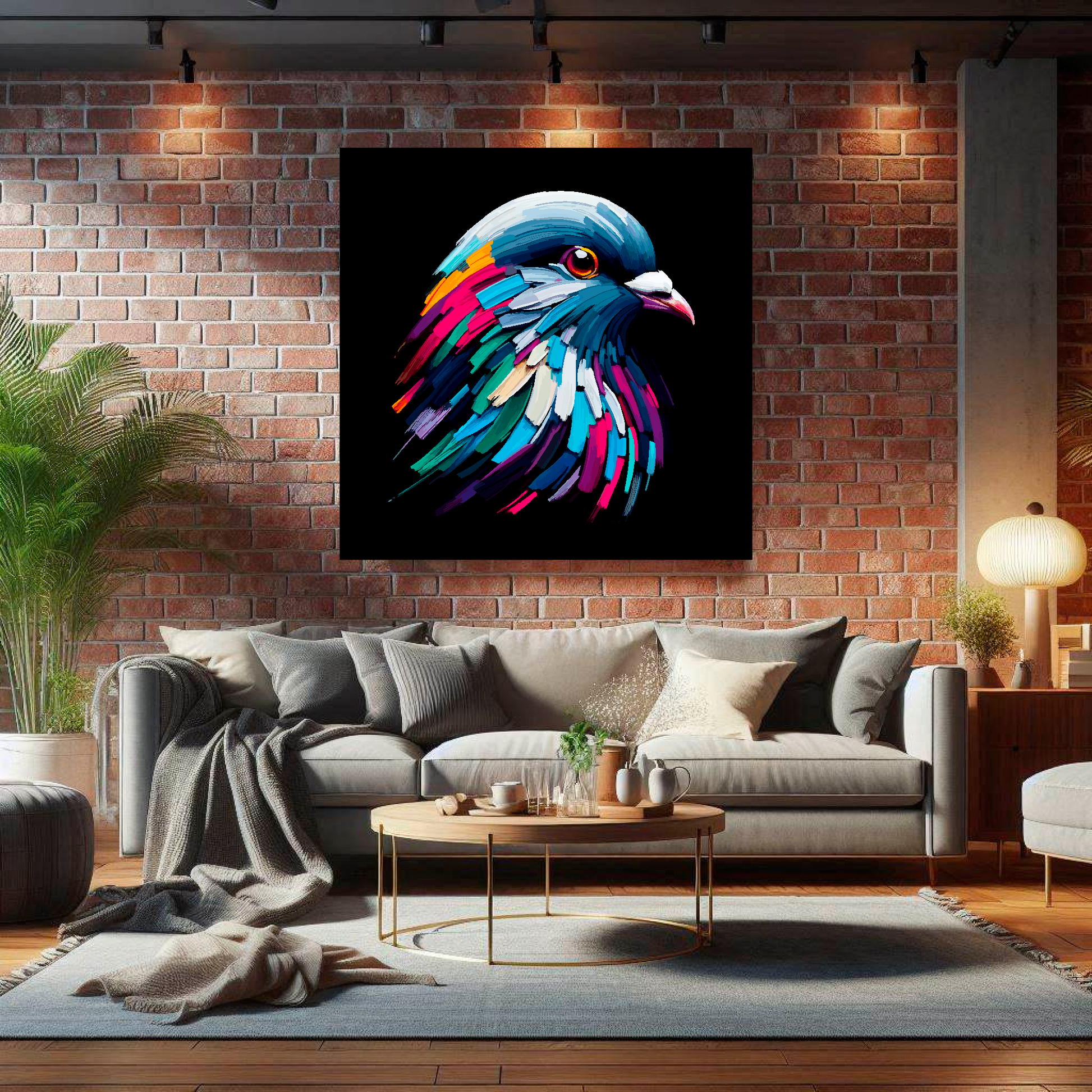 Large canvas wall art - A vibrant multi-coloured head portrait of a Pigeon. Available in 3 large sizes.