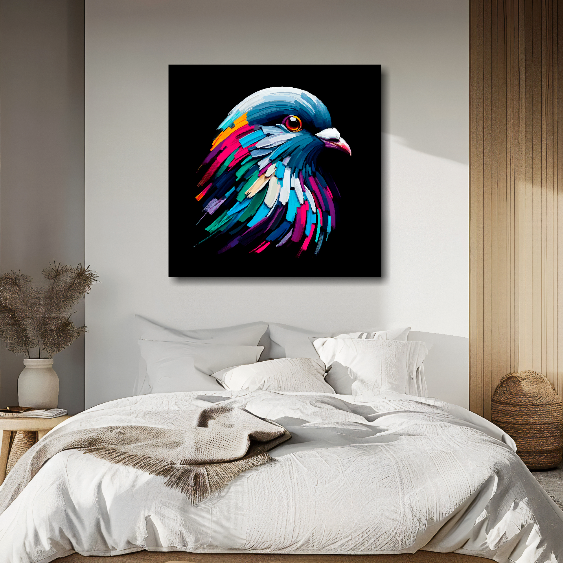Large canvas wall art - A vibrant multi-coloured head portrait of a Pigeon. Available in 3 large sizes.