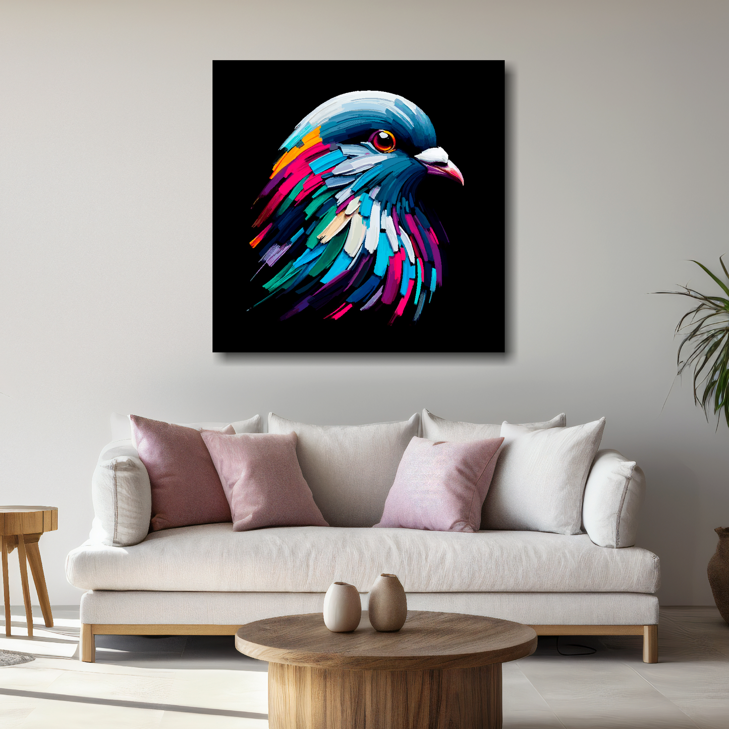 Large canvas wall art - A vibrant multi-coloured head portrait of a Pigeon. Available in 3 large sizes.