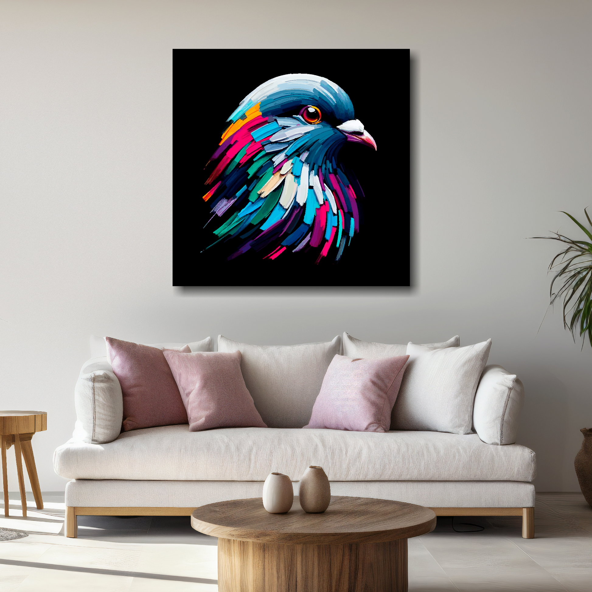 Large canvas wall art - A vibrant multi-coloured head portrait of a Pigeon. Available in 3 large sizes.