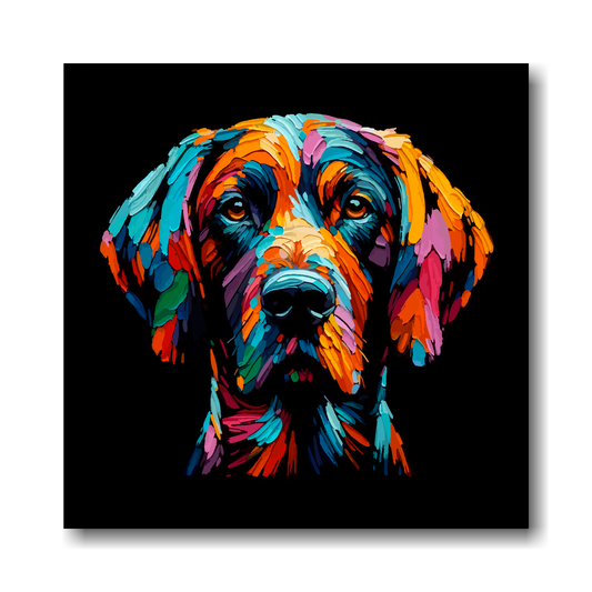Colourful abstract painting of a Pointer dog's head on a black background.