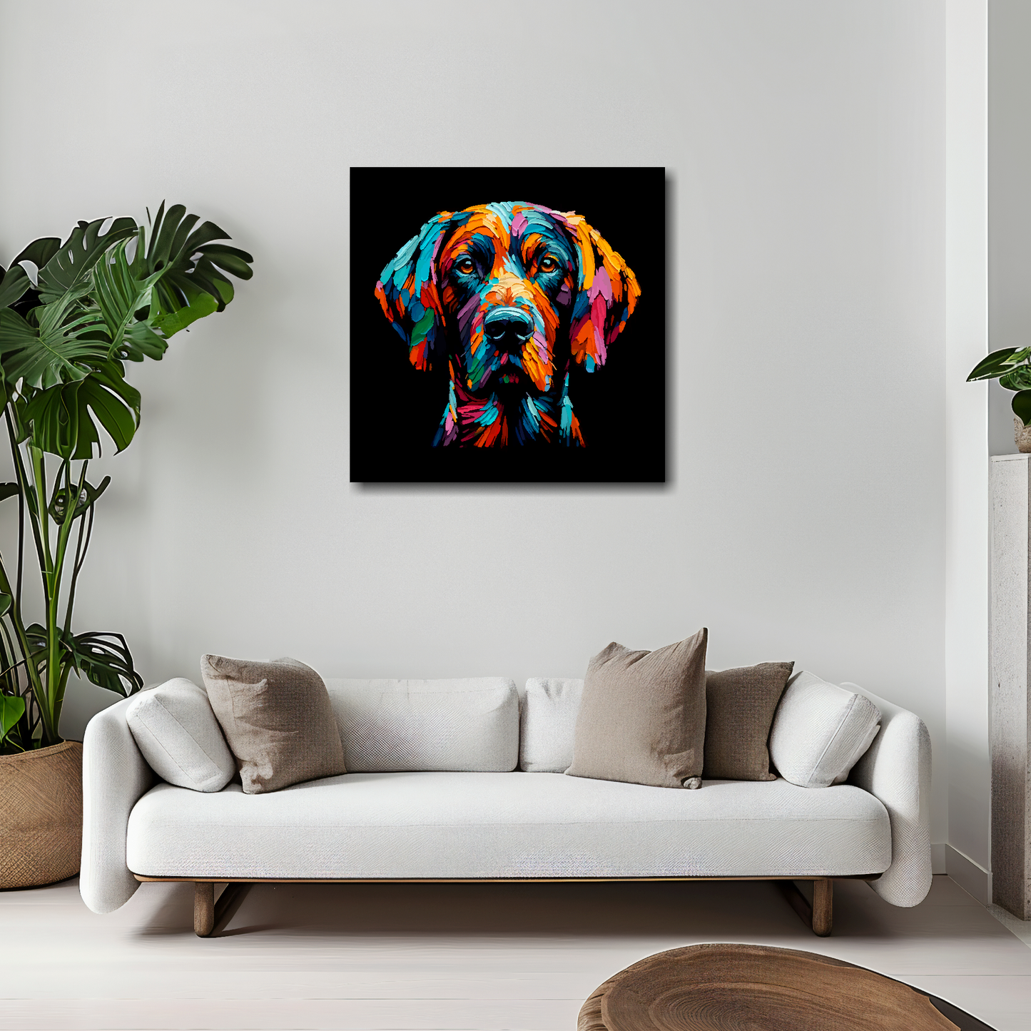 20 inch by 20 inch square canvas featuring a multi-coloured Pointer dog portrait. Mounted on a white wall above a white sofa with decorative pillows.