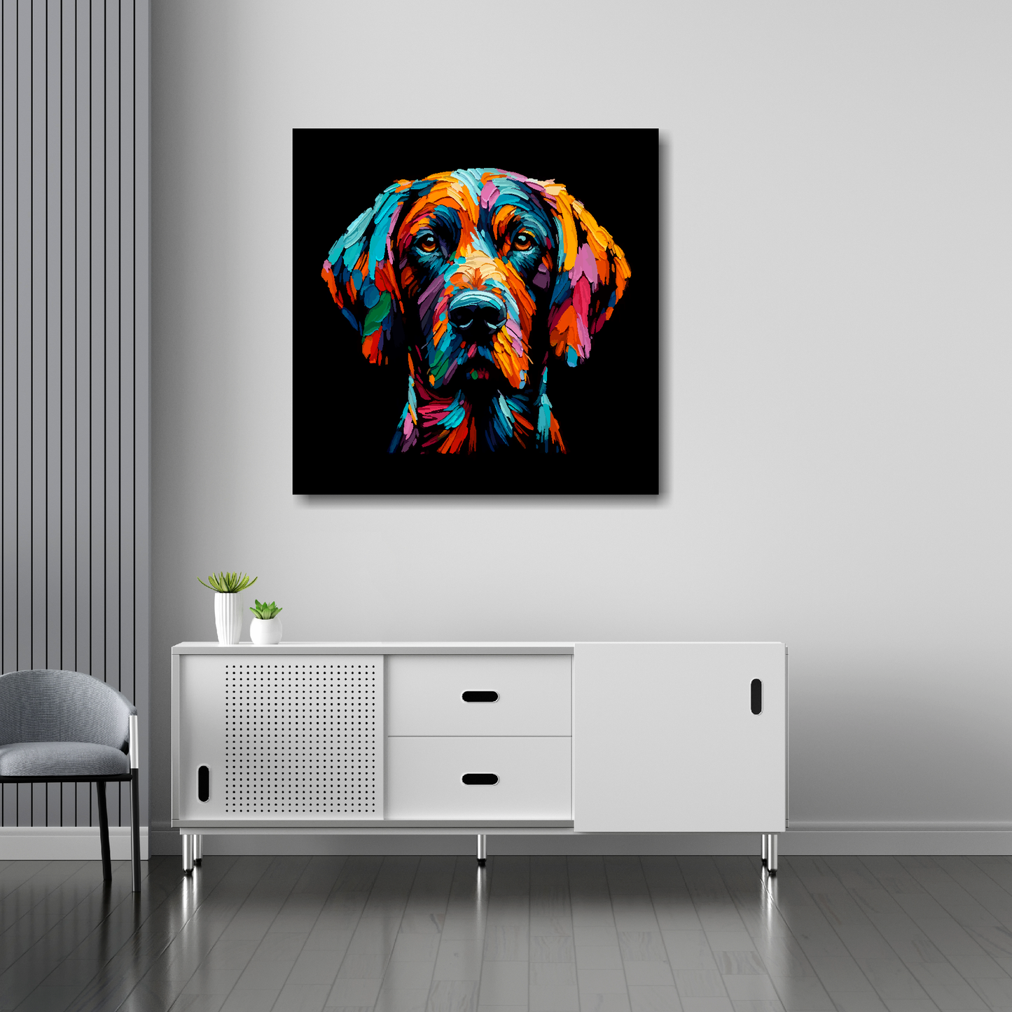 30 inch by 30 inch square canvas featuring a multi-coloured Pointer dog portrait. Mounted on a white wall above a white sideboard.