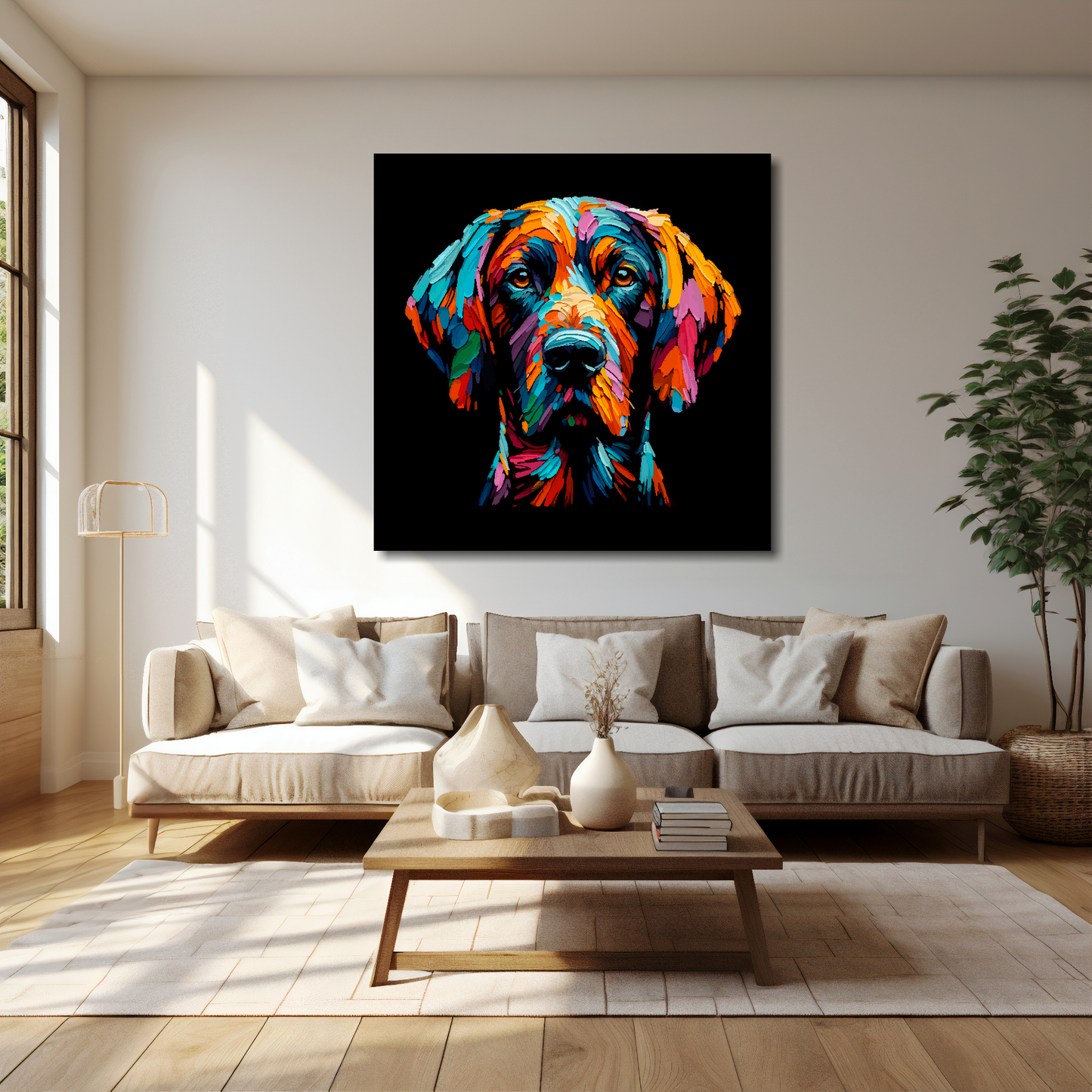 40 inch by 40 inch square canvas featuring a multi-coloured Pointer dog portrait. Mounted on a cream wall above a cream sofa with decorative pillows.