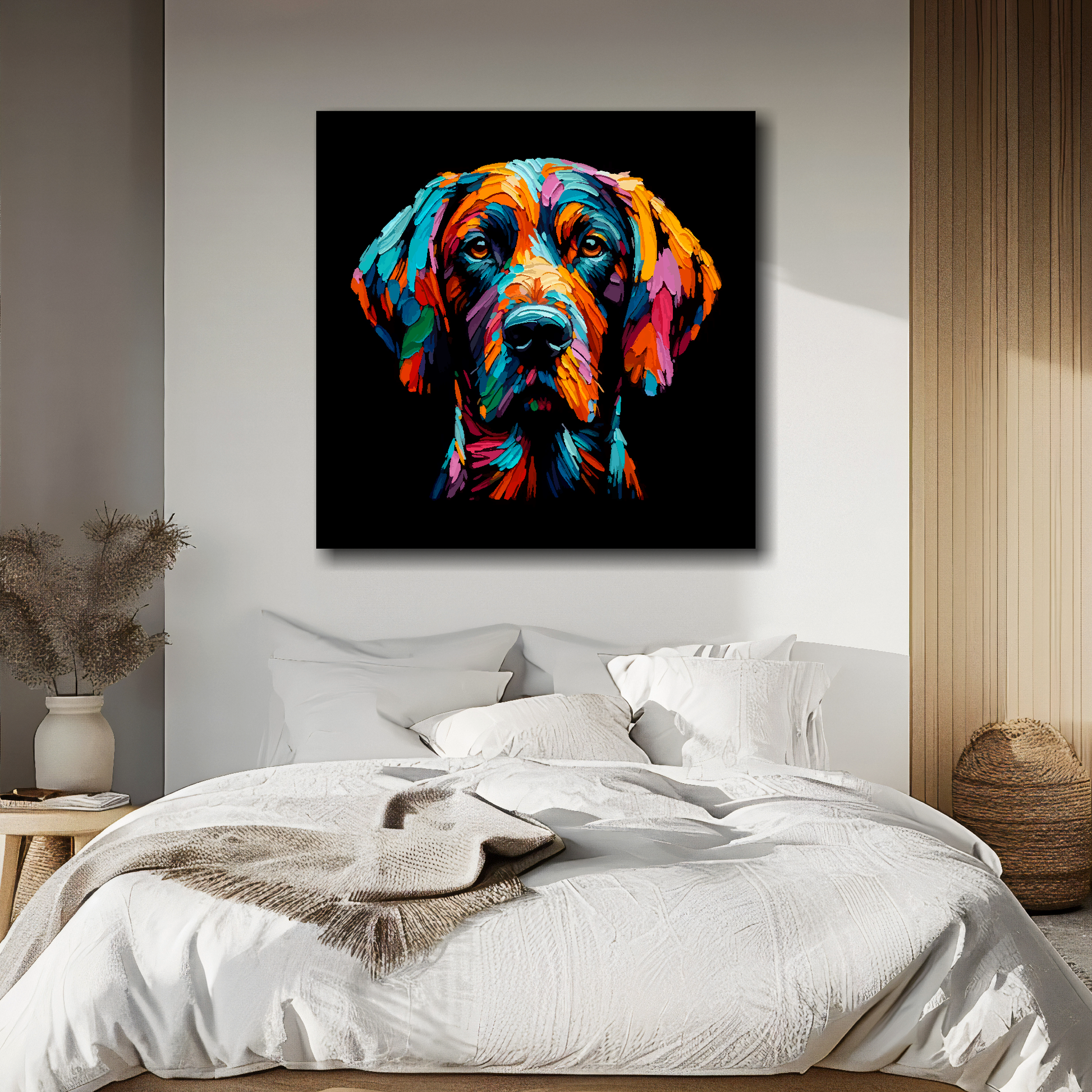 Big canvas featuring a multi-coloured Pointer dog portrait. Mounted on a white wall above a double bed.