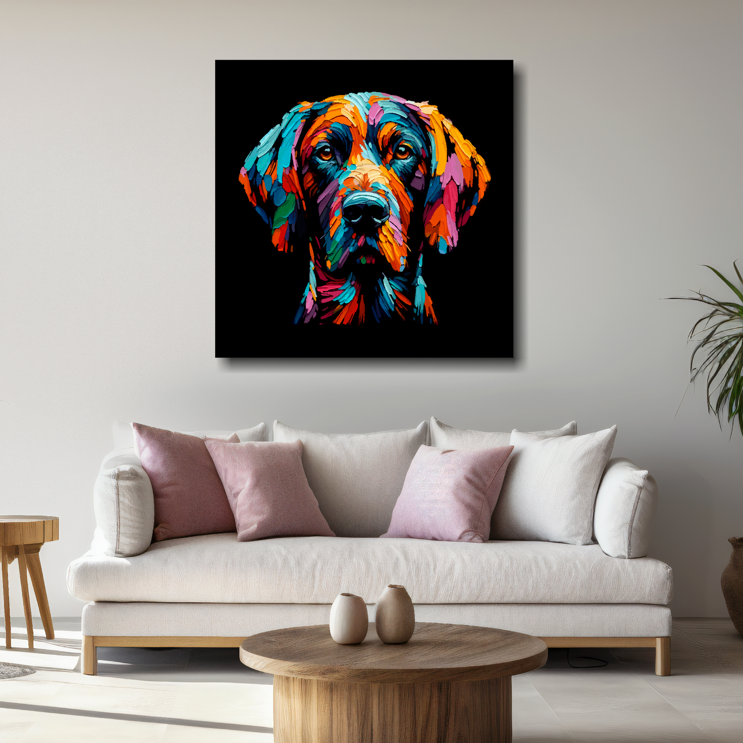 Large canvas featuring a multi-coloured Pointer dog portrait. Mounted on a white wall above a white sofa with decorative pillows.