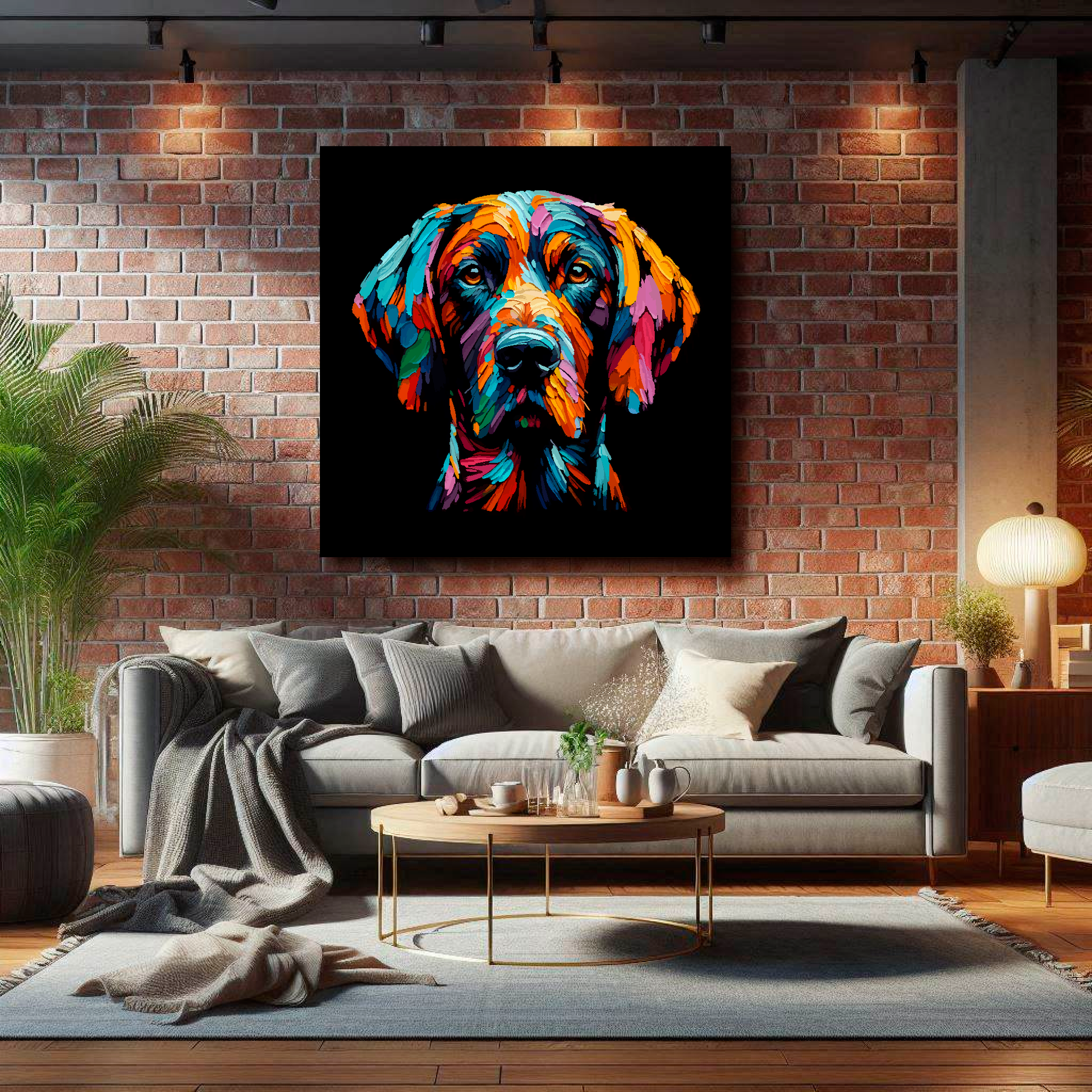XL canvas featuring a multi-coloured Pointer dog portrait. Mounted on a lounge brick wall above a grey sofa with decorative pillows.