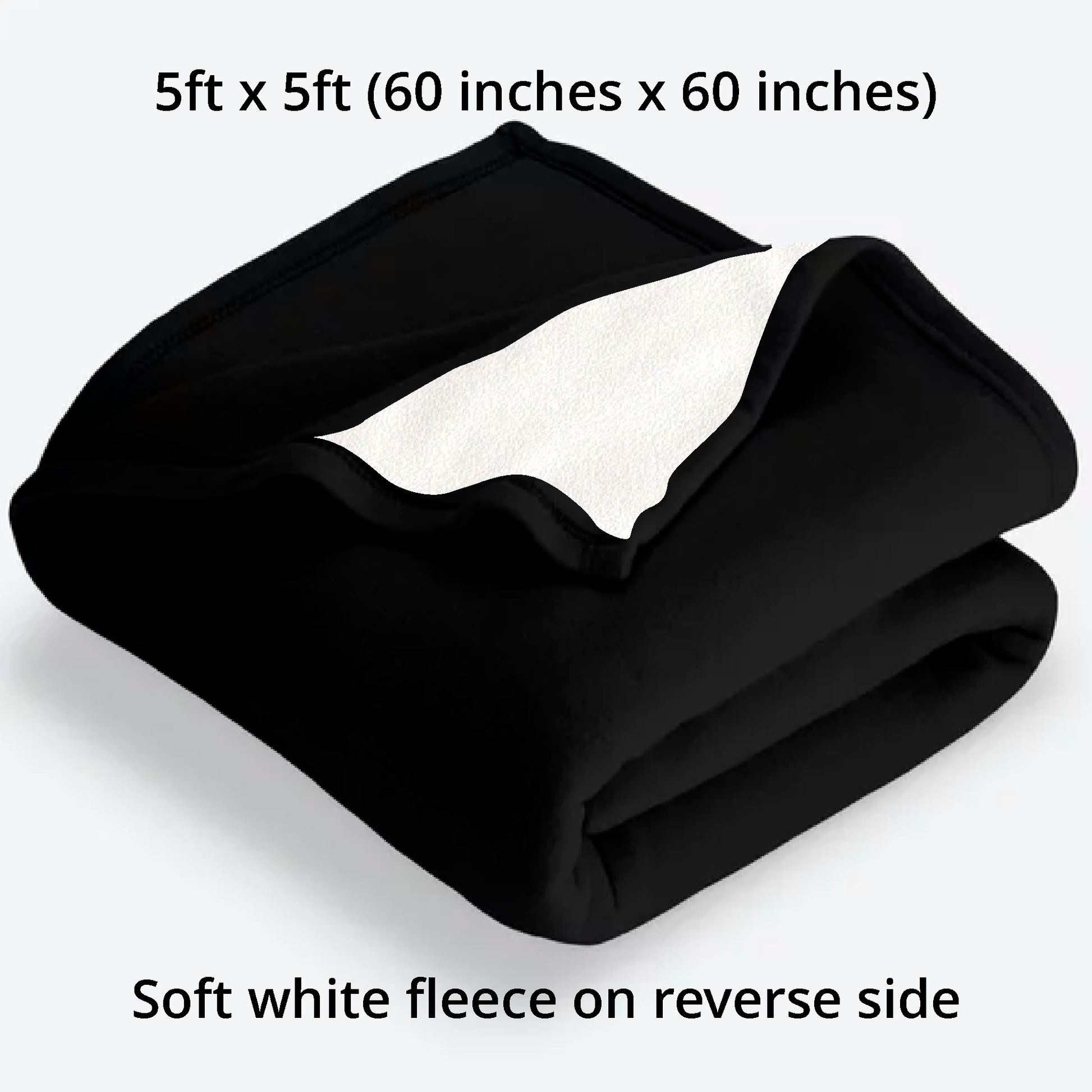 Folded black blanket with soft white fleece on the reverse side, dimensions indicated.