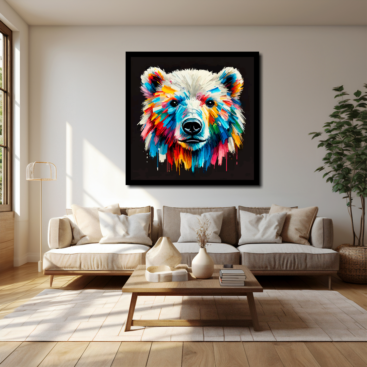 40 inch by 40 inch square canvas of a colouful Polar Bear head portrait on a black background. Mounted on a white wall above a cream sofa with decorative pillows.