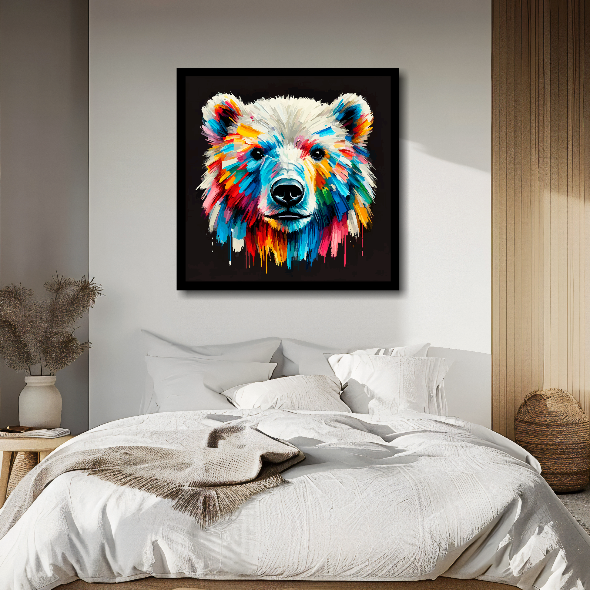 Large canvas wall art - A vibrant multi-coloured head portrait of a Polar Bear. Available in 3 large sizes.