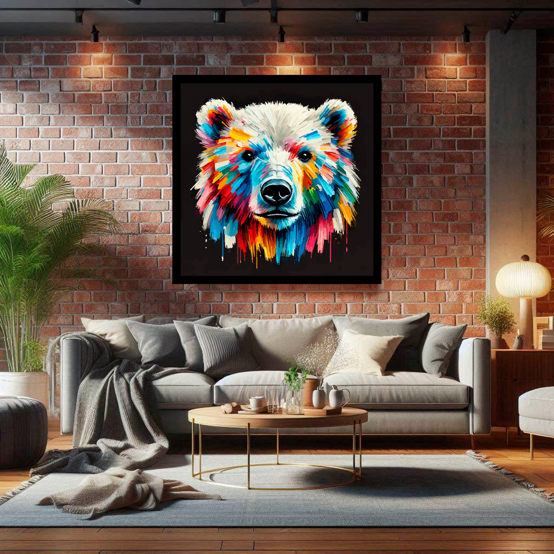Large canvas wall art - A vibrant multi-coloured head portrait of a Polar Bear. Available in 3 large sizes.