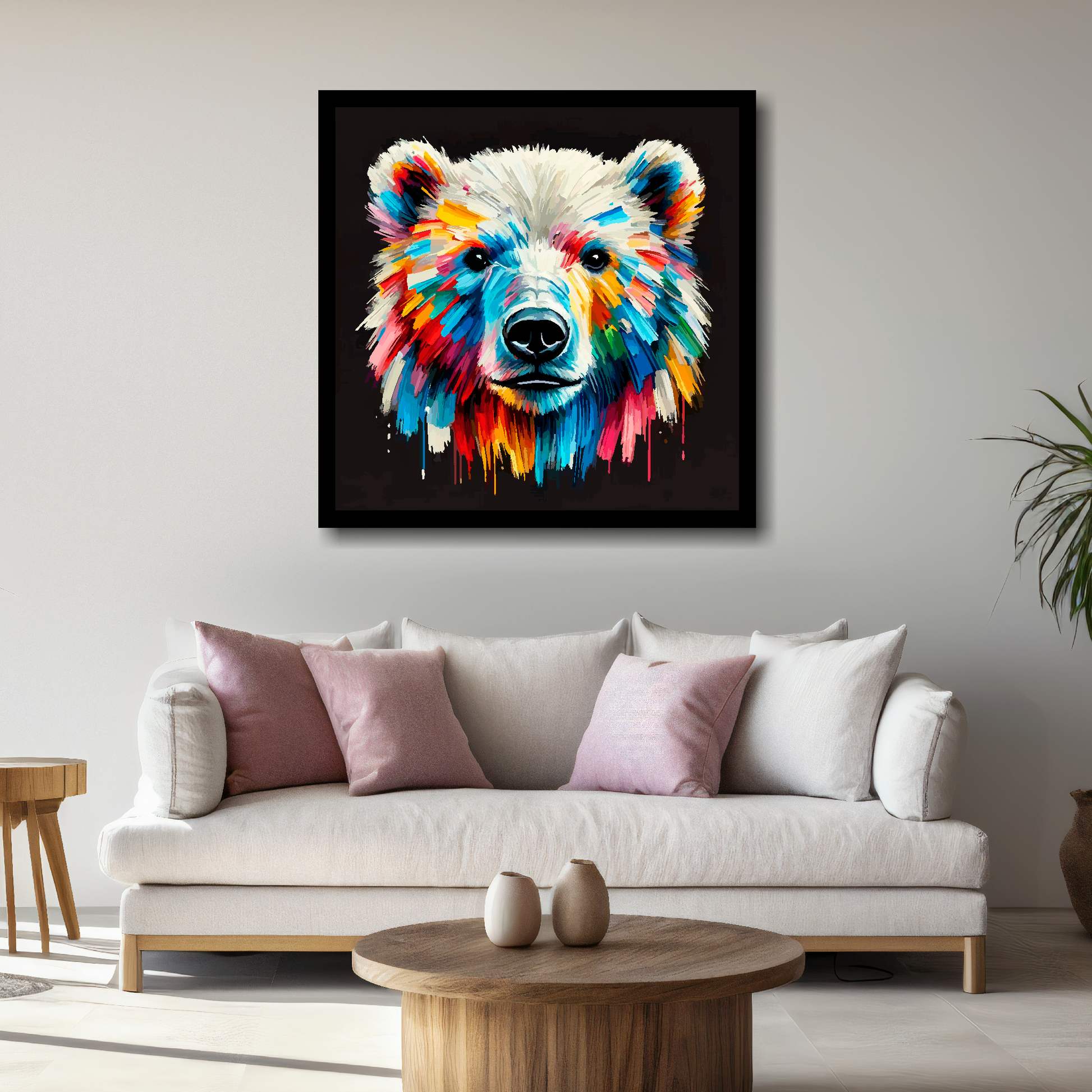 Large canvas wall art - A vibrant multi-coloured head portrait of a Polar Bear. Available in 3 large sizes.