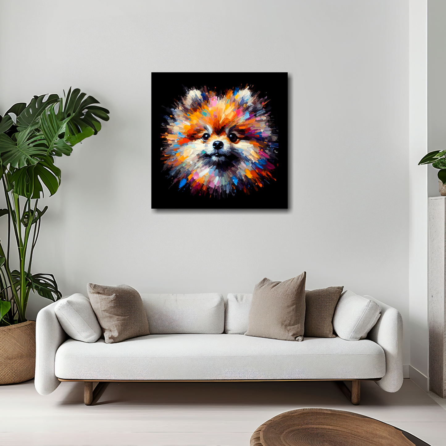 20 inch by 20 inch square canvas of a colourful Pomeranian head portrait on a black background. Mounted on a white wall above a white sofa with decorative pillows.