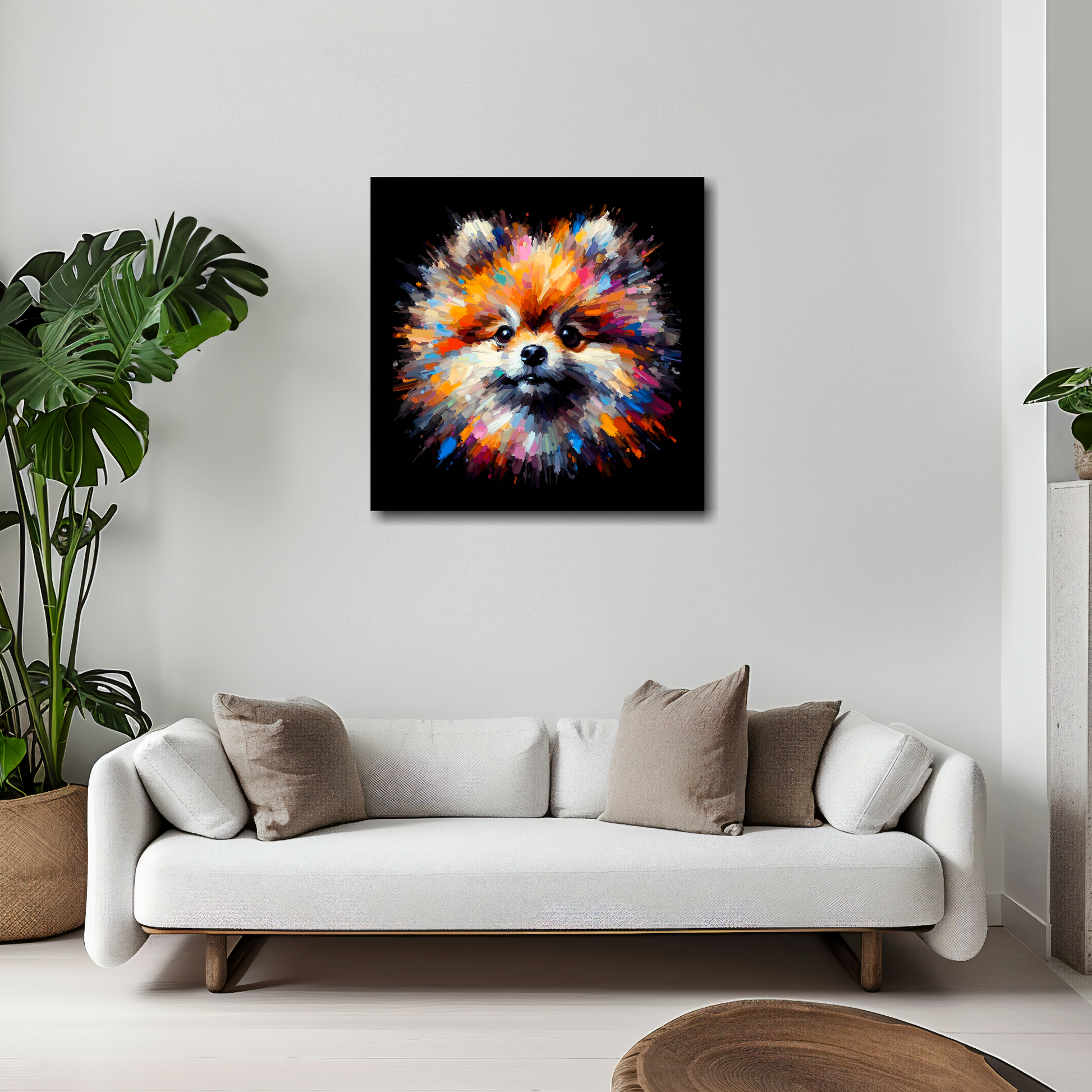 20 inch by 20 inch square canvas of a colourful Pomeranian head portrait on a black background. Mounted on a white wall above a white sofa with decorative pillows.