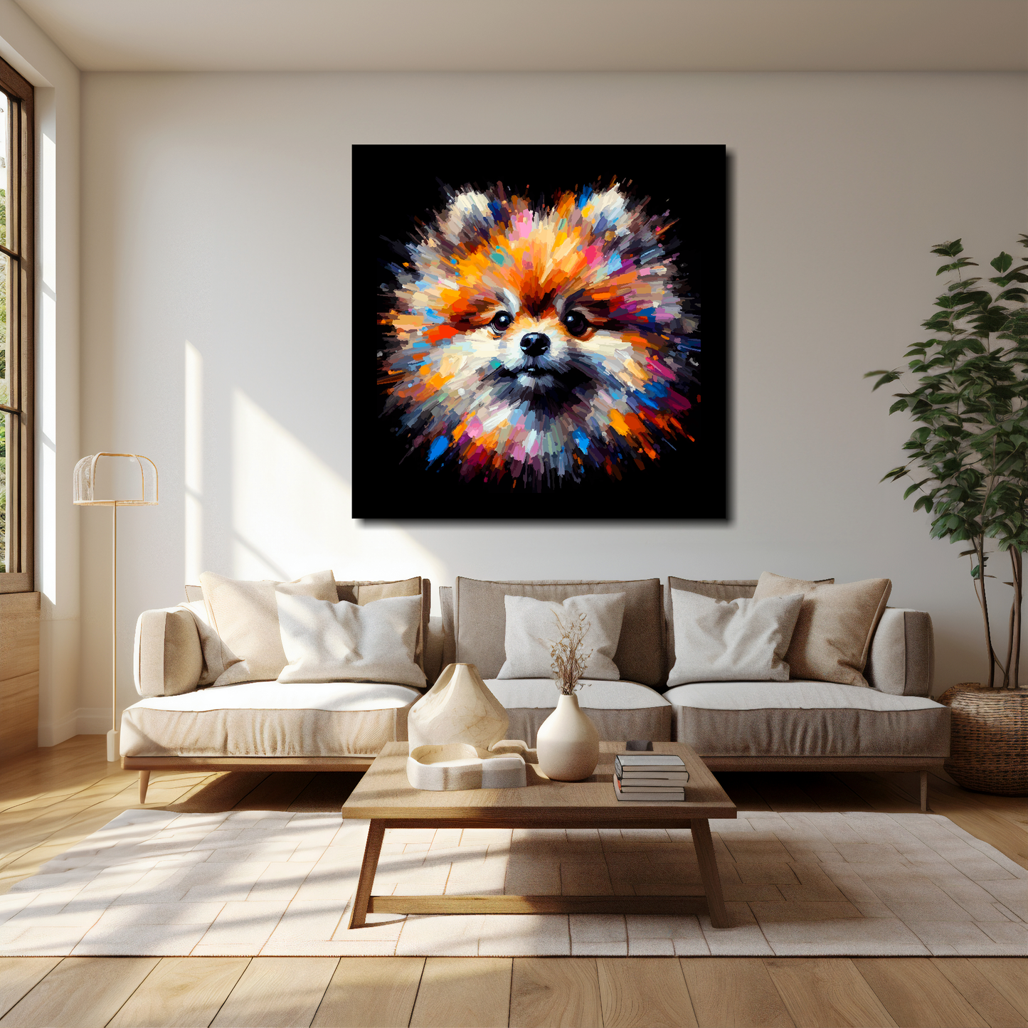 40 inch by 40 inch square canvas of a colourful Pomeranian head portrait on a black background. Mounted on a white wall above a cream sofa with decorative pillows.