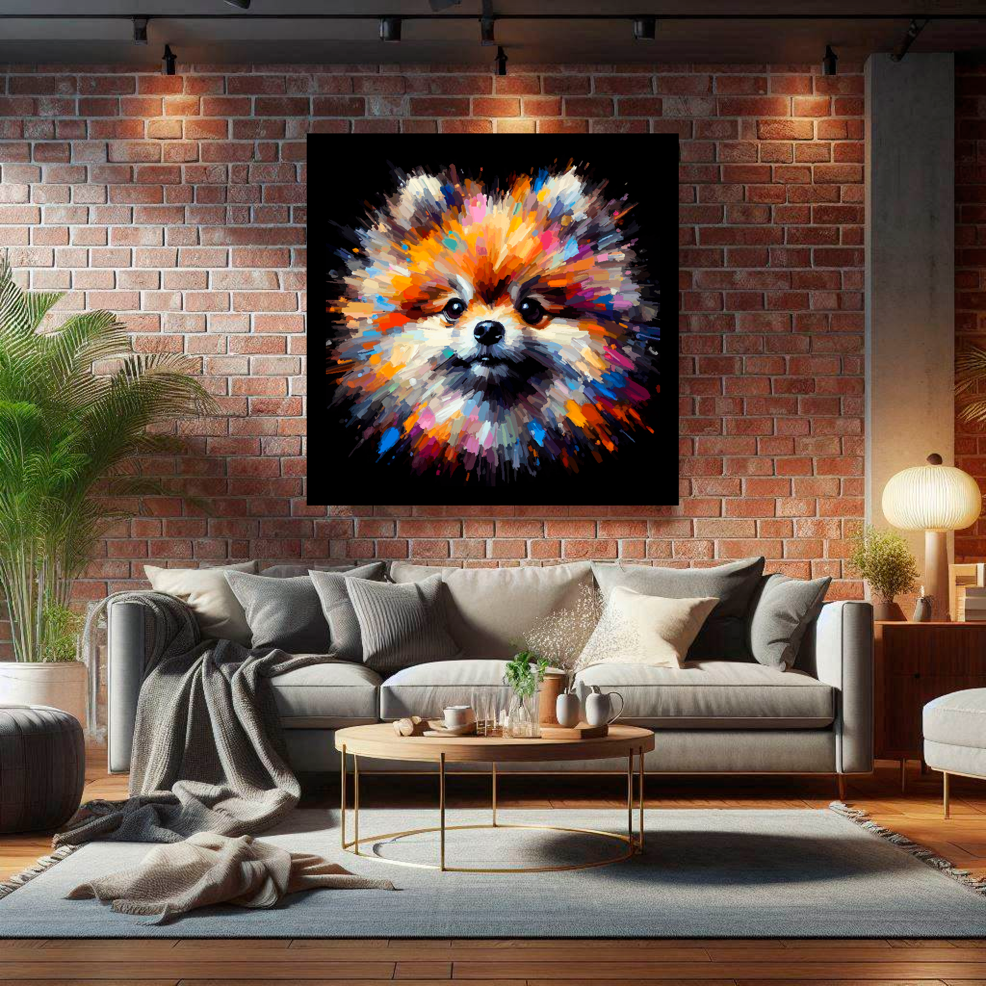Large canvas wall art - A vibrant multi-coloured head portrait of a Pomeranian dog. Available in 3 large sizes.