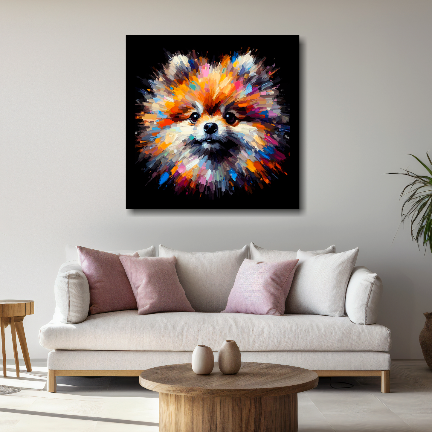 Large canvas wall art - A vibrant multi-coloured head portrait of a Pomeranian dog. Available in 3 large sizes.