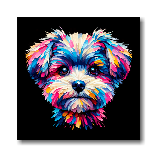 Colourful Pompapoo dog portrait on a black background.