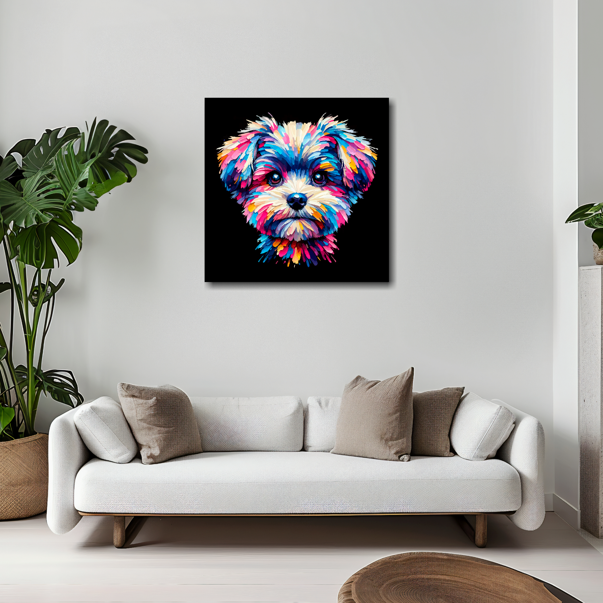 20 inch by 20 inch canvas print featuring a multi-coloured Pompapoo dog portrait. Mounted on a white wall above a white sofa with decorative pillows.