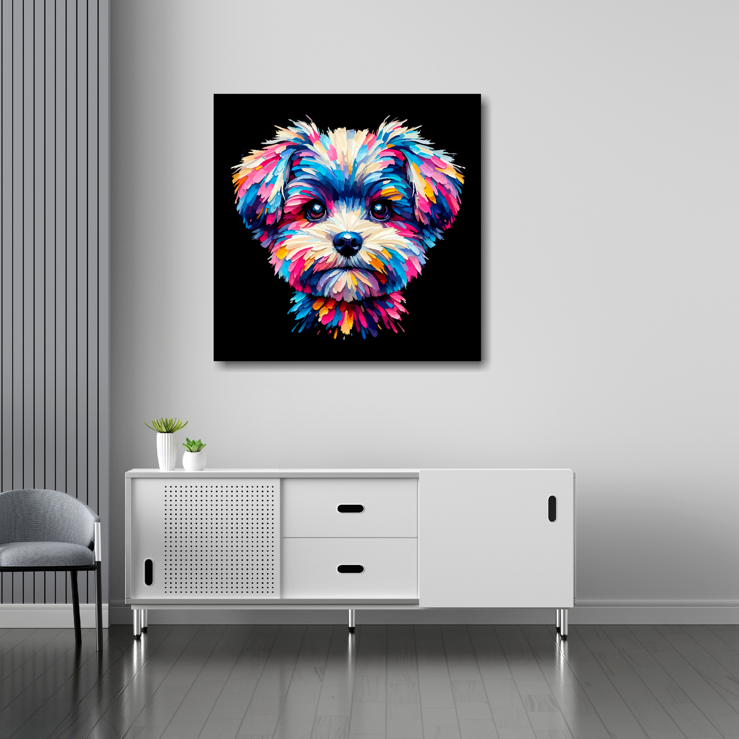 30 inch by 30 inch canvas print featuring a multi-coloured Pompapoo dog portrait. Mounted on a white wall above a white sideboard.