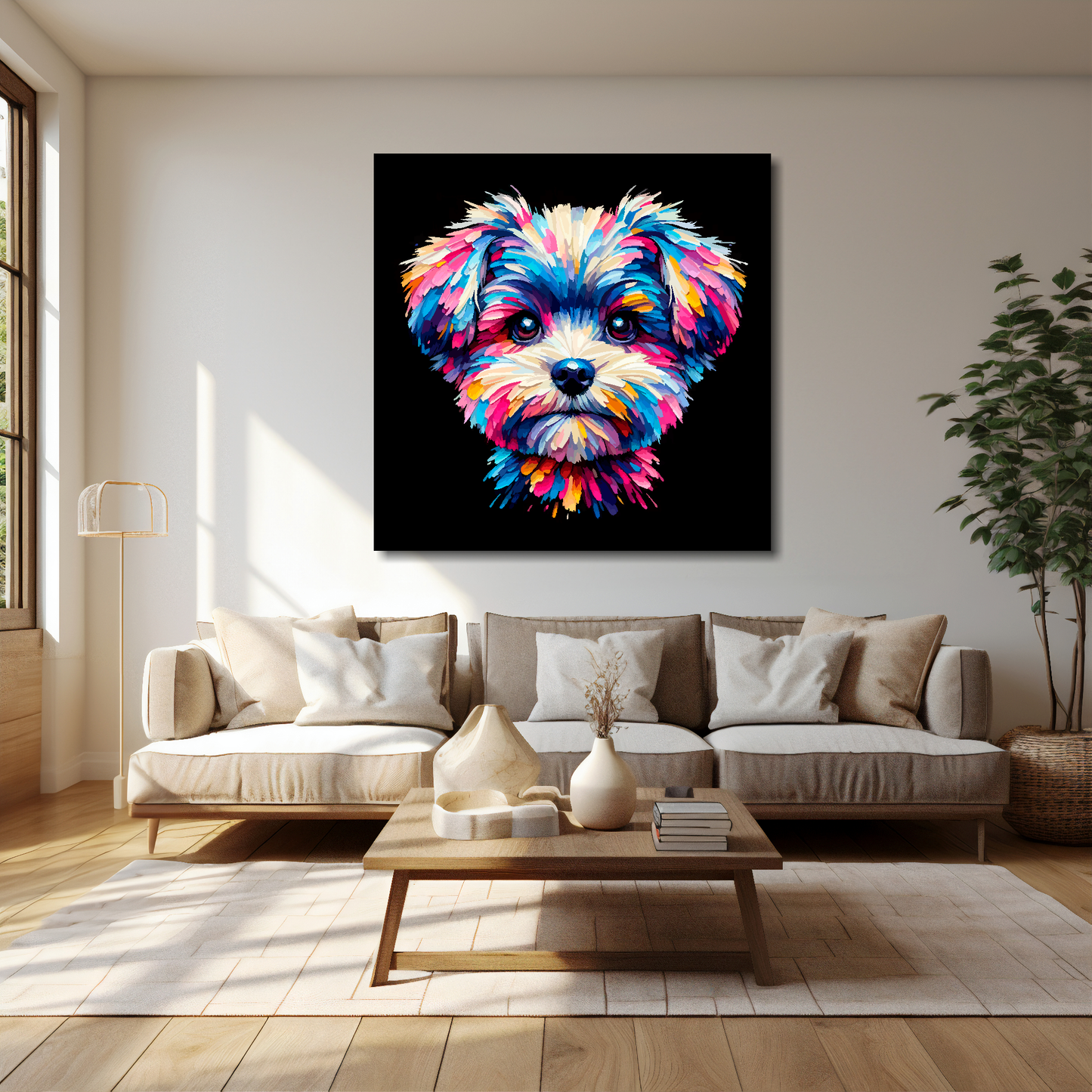 40 inch by 40 inch canvas print featuring a multi-coloured Pompapoo dog portrait. Mounted on a cream wall above a cream sofa with decorative pillows.