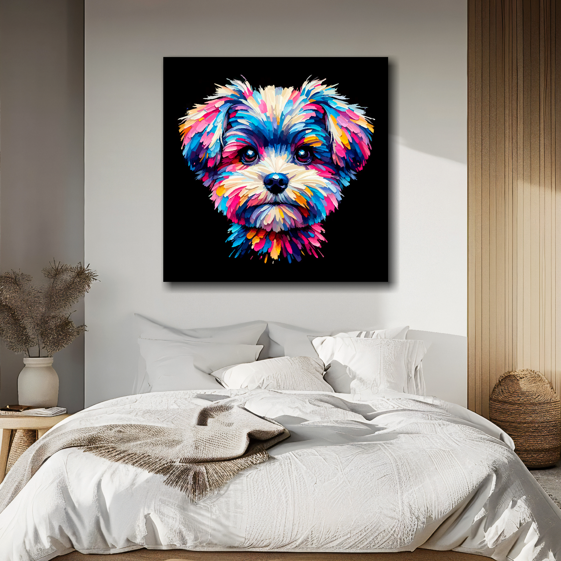 Canvas print featuring a multi-coloured Pompapoo dog portrait. Mounted on a white wall above a double bed.