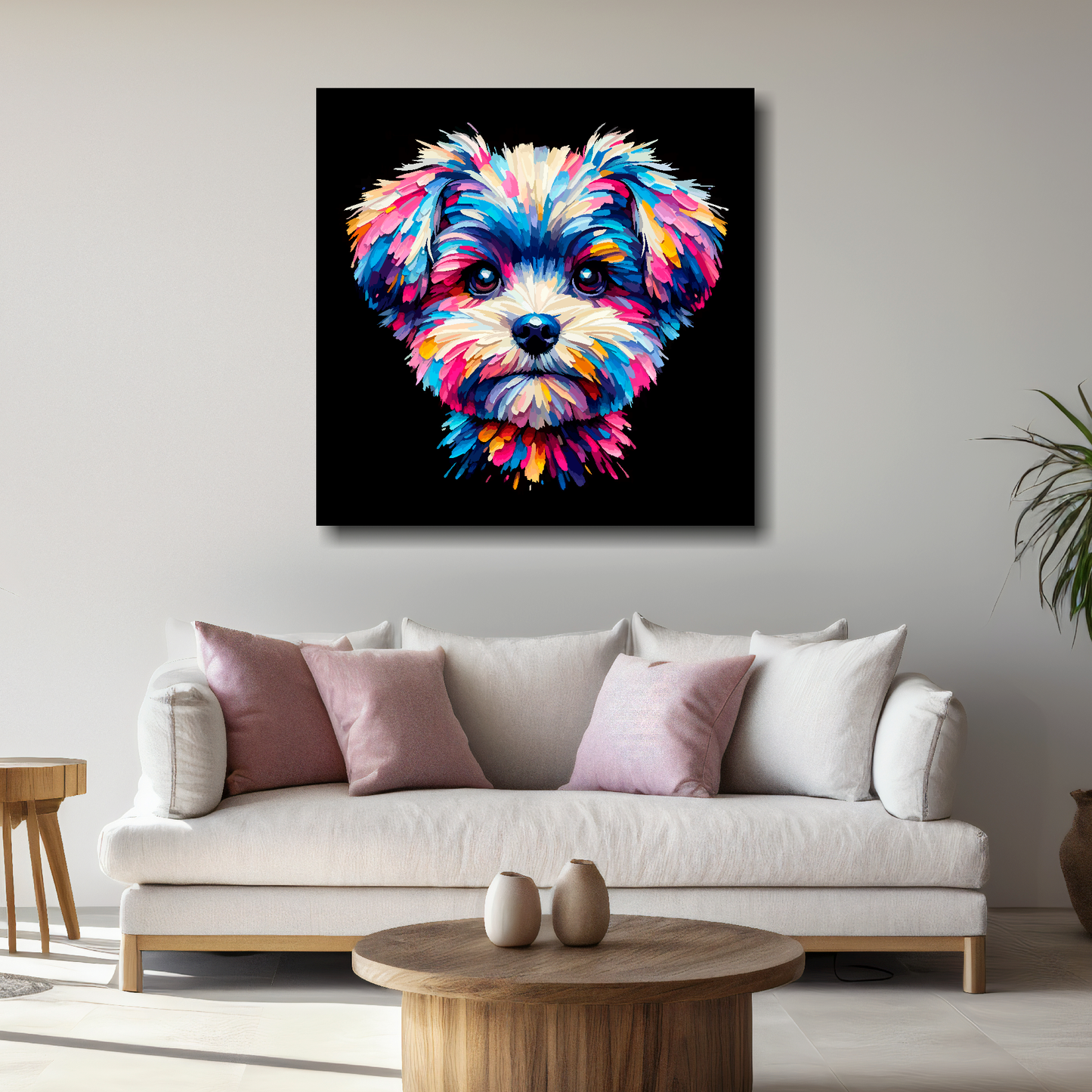 Large canvas print featuring a multi-coloured Pompapoo dog portrait. Mounted on a white wall above a white sofa with decorative pillows.