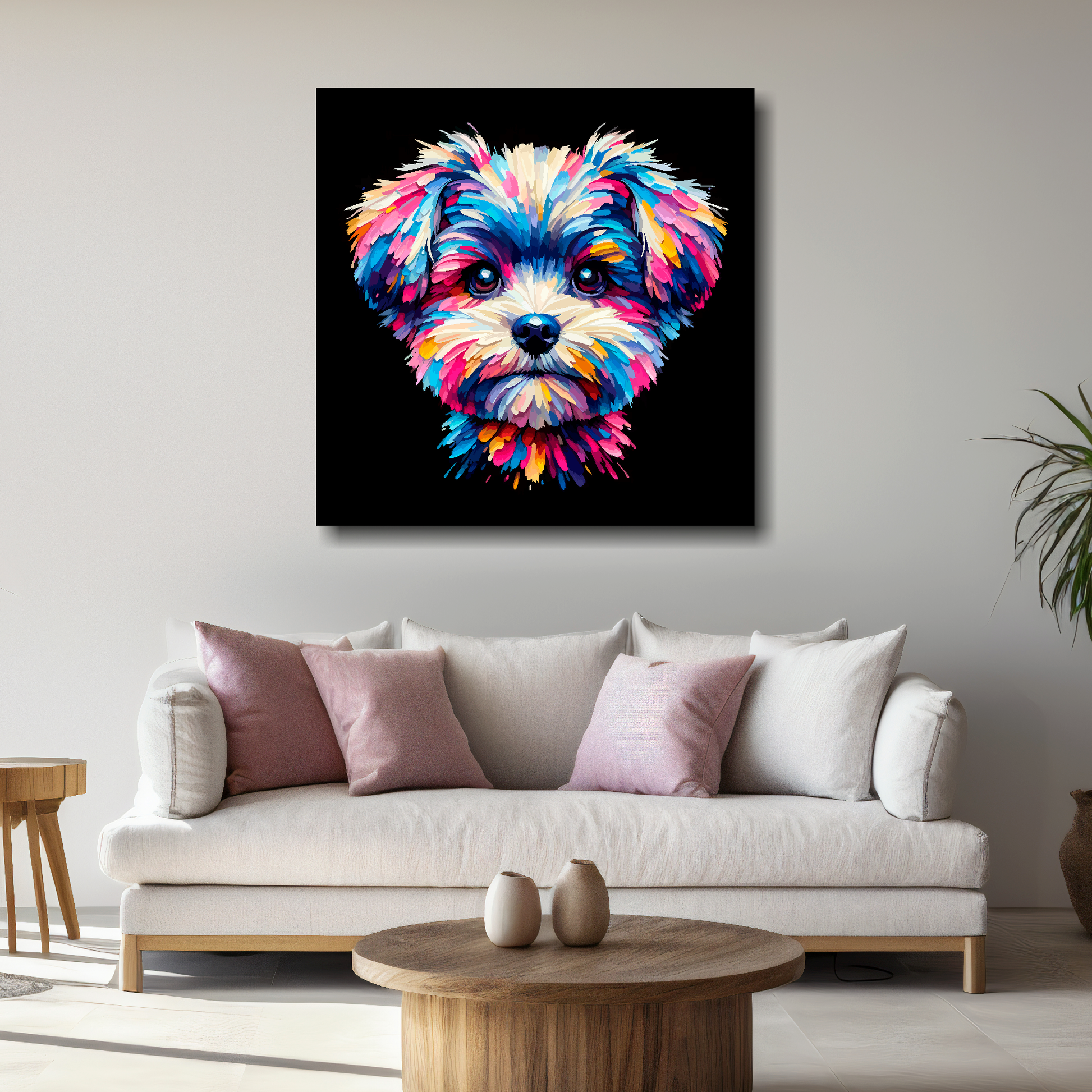 Large canvas print featuring a multi-coloured Pompapoo dog portrait. Mounted on a white wall above a white sofa with decorative pillows.