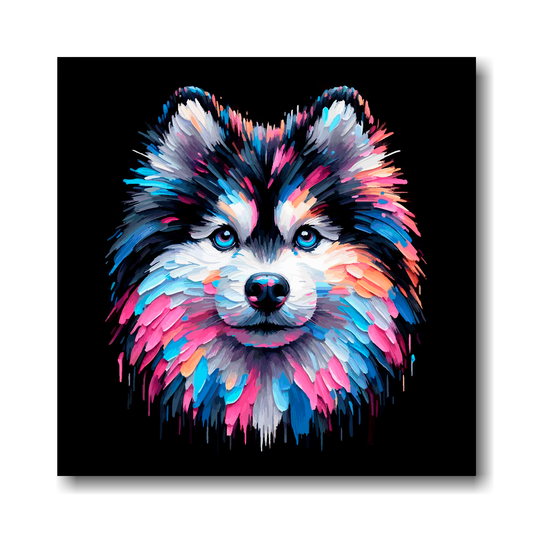 Colourful Pomsky dog portrait on a black background.