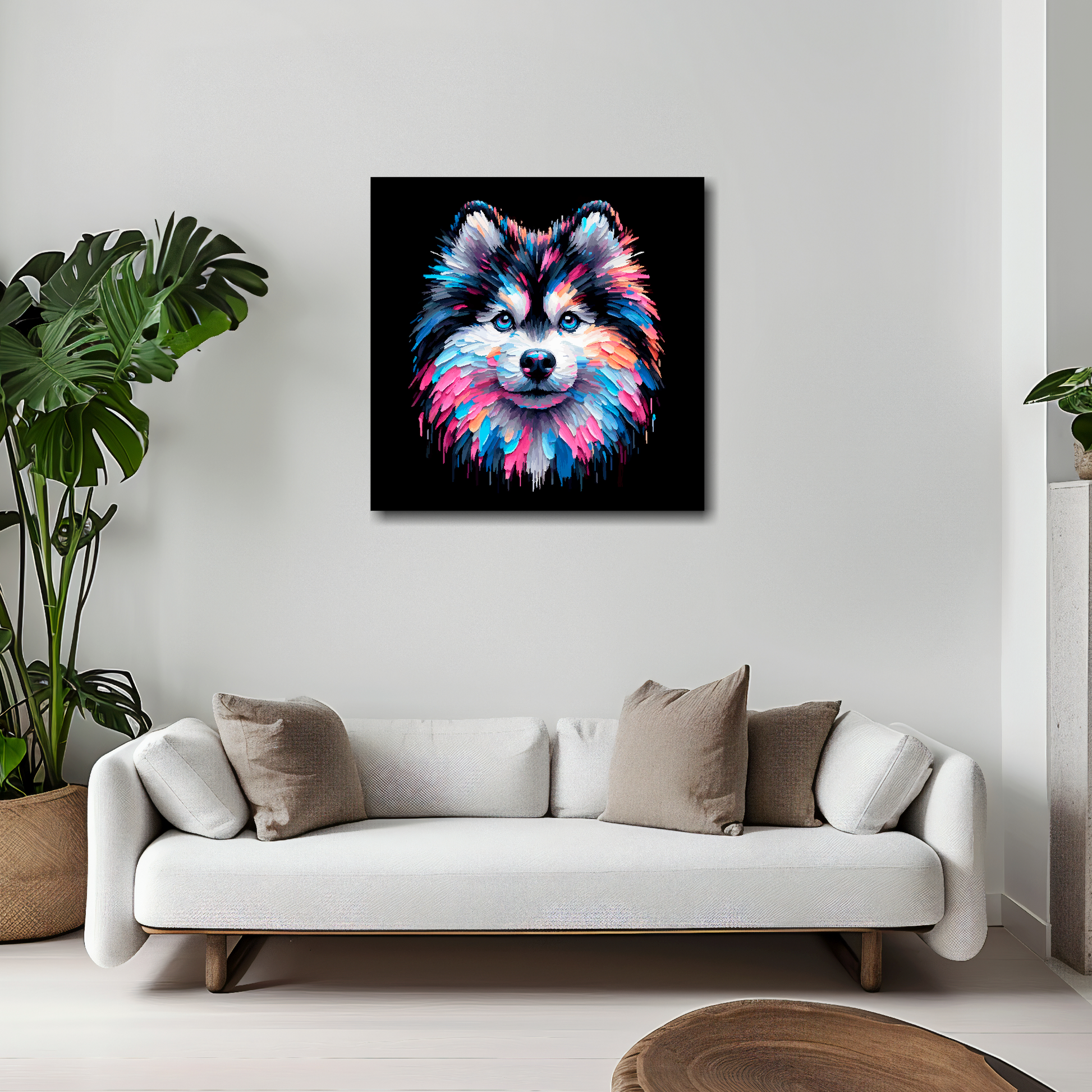 20 inch by 20 inch canvas print featuring a multi-coloured Pomsky dog portrait. Mounted on a white wall above a white sofa with decorative pillows.